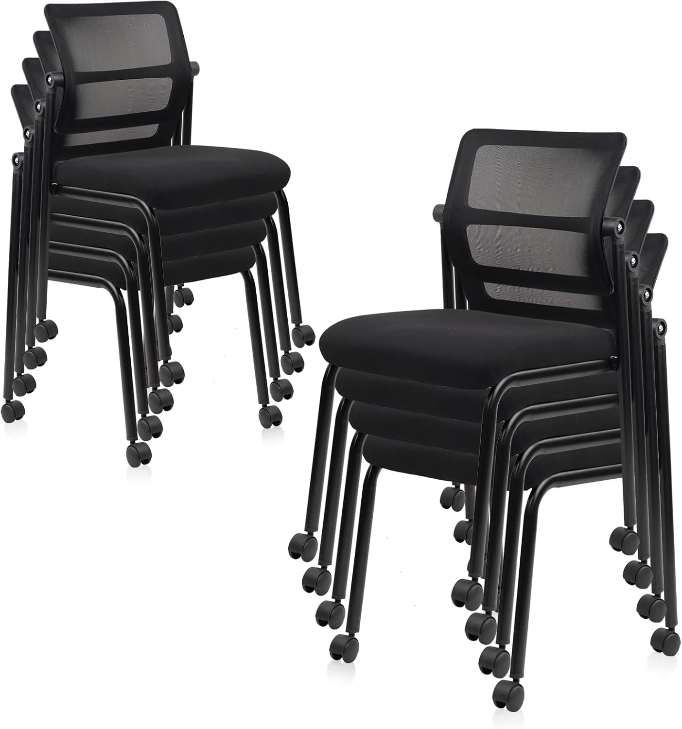 image:imageCLATINA Stackable Waiting Room Chair with Adjustable Mesh Backrest Armless Office Guest Reception Chairs with Leather Cushion and Ergonomic Lumbar Support for Conference Lobby Side School BlackMesh Wheels