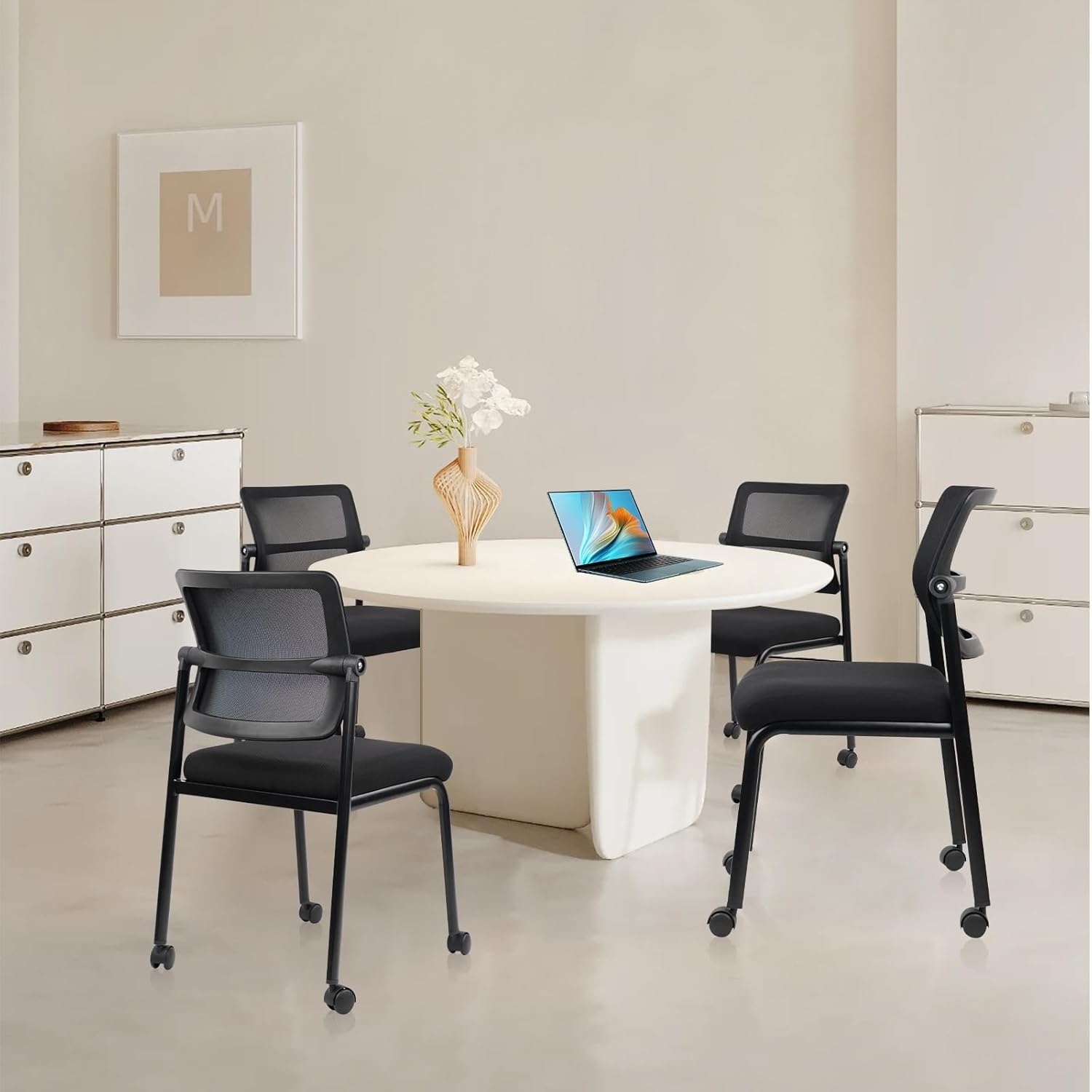 image:imageCLATINA Stackable Waiting Room Chair with Adjustable Mesh Backrest Armless Office Guest Reception Chairs with Leather Cushion and Ergonomic Lumbar Support for Conference Lobby Side School BlackMesh Wheels
