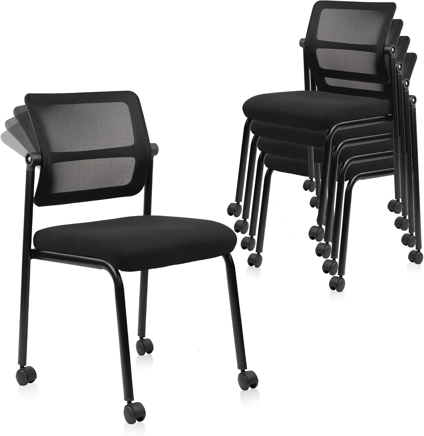 image:imageCLATINA Stackable Waiting Room Chair with Adjustable Mesh Backrest Armless Office Guest Reception Chairs with Leather Cushion and Ergonomic Lumbar Support for Conference Lobby Side School BlackMesh Wheels