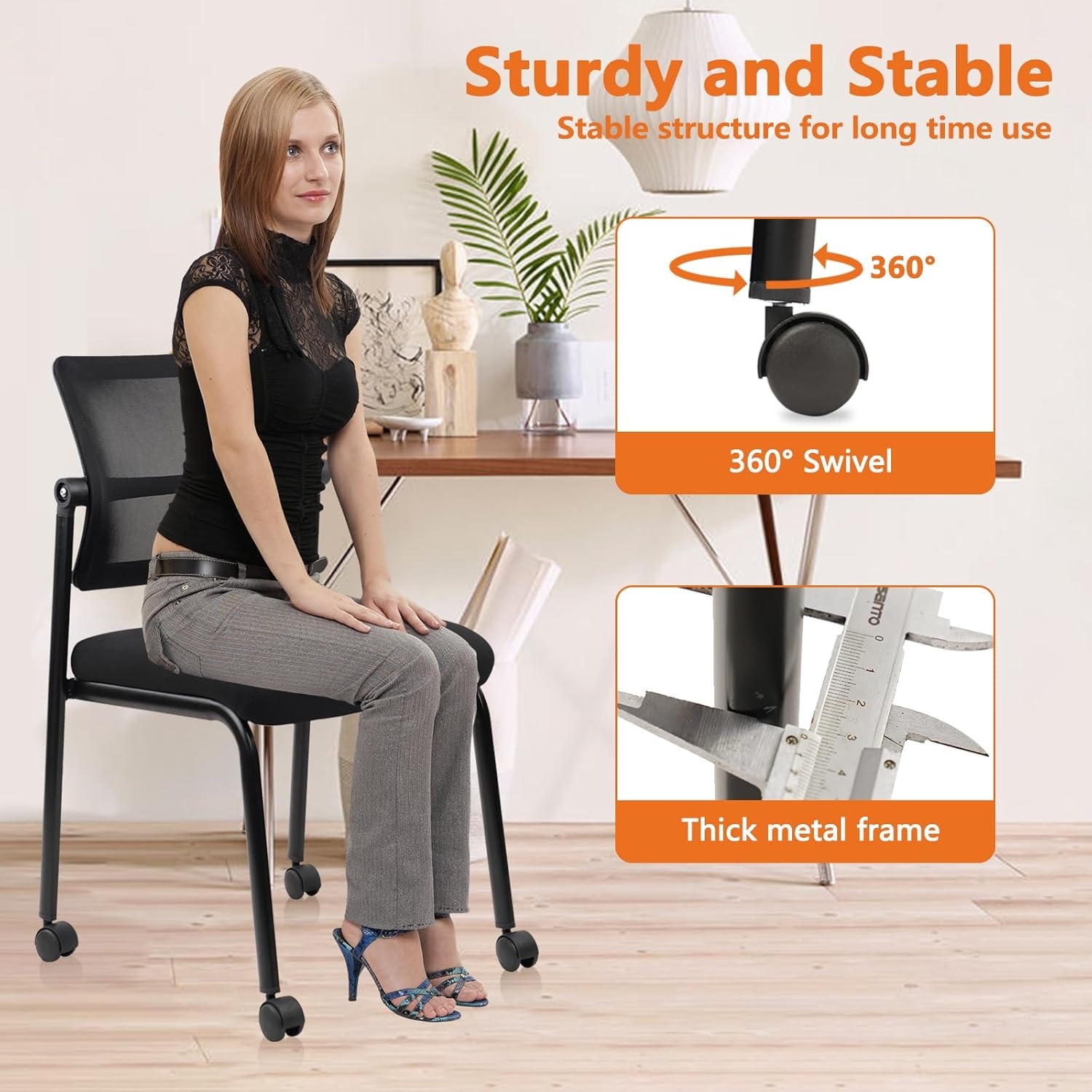 image:imageCLATINA Stackable Waiting Room Chair with Adjustable Mesh Backrest Armless Office Guest Reception Chairs with Leather Cushion and Ergonomic Lumbar Support for Conference Lobby Side School BlackMesh Wheels