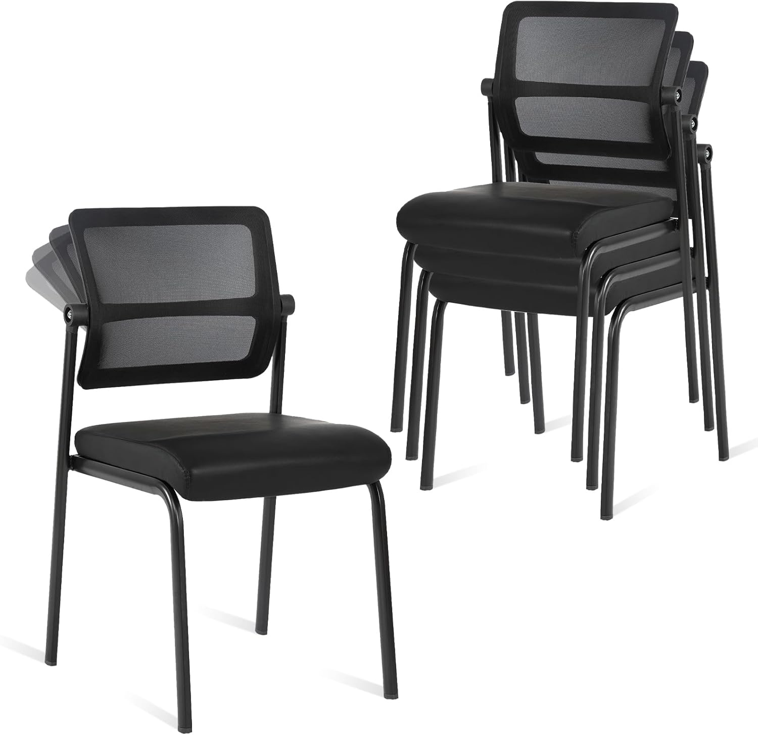 image:imageCLATINA Stackable Waiting Room Chair with Adjustable Mesh Backrest Armless Office Guest Reception Chairs with Leather Cushion and Ergonomic Lumbar Support for Conference Lobby Side School BlackMesh Leather