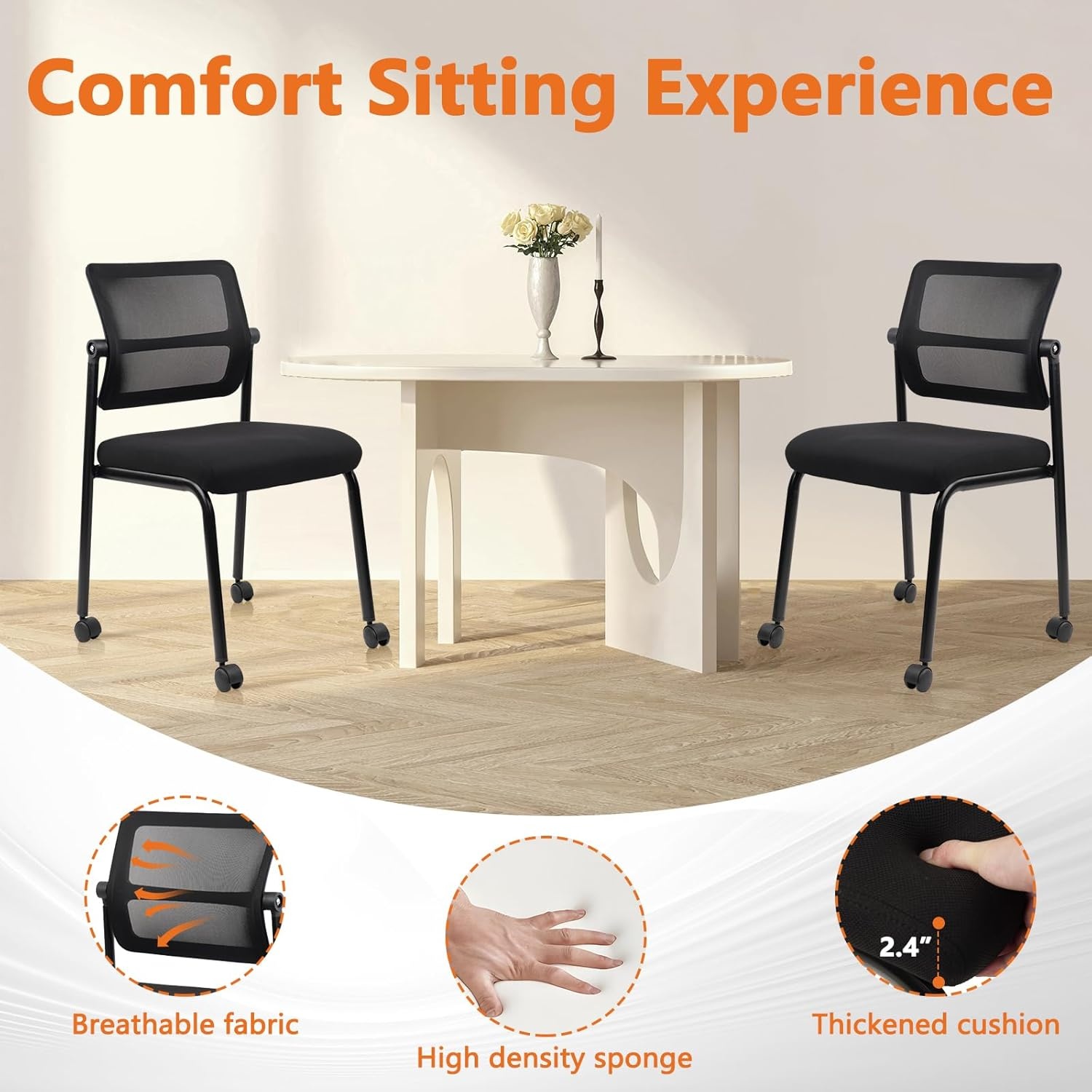 image:imageCLATINA Stackable Waiting Room Chair with Adjustable Mesh Backrest Armless Office Guest Reception Chairs with Leather Cushion and Ergonomic Lumbar Support for Conference Lobby Side School BlackMesh Wheels