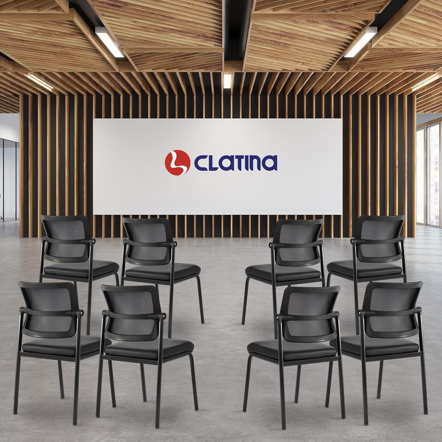 image:imageCLATINA Stackable Waiting Room Chair with Adjustable Mesh Backrest Armless Office Guest Reception Chairs with Leather Cushion and Ergonomic Lumbar Support for Conference Lobby Side School BlackMesh Leather