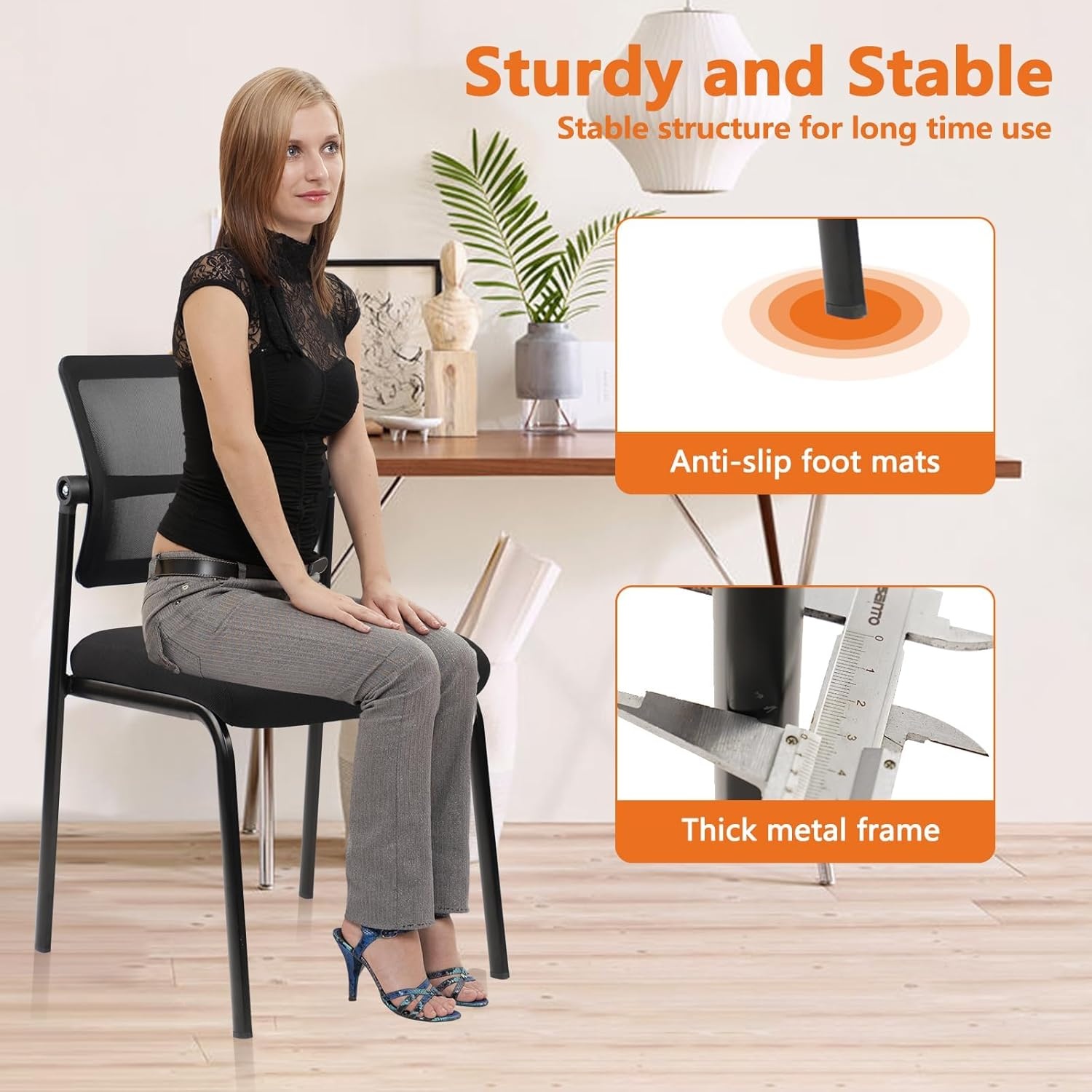 image:imageCLATINA Stackable Waiting Room Chair with Adjustable Mesh Backrest Armless Office Guest Reception Chairs with Leather Cushion and Ergonomic Lumbar Support for Conference Lobby Side School BlackMeshwheelless