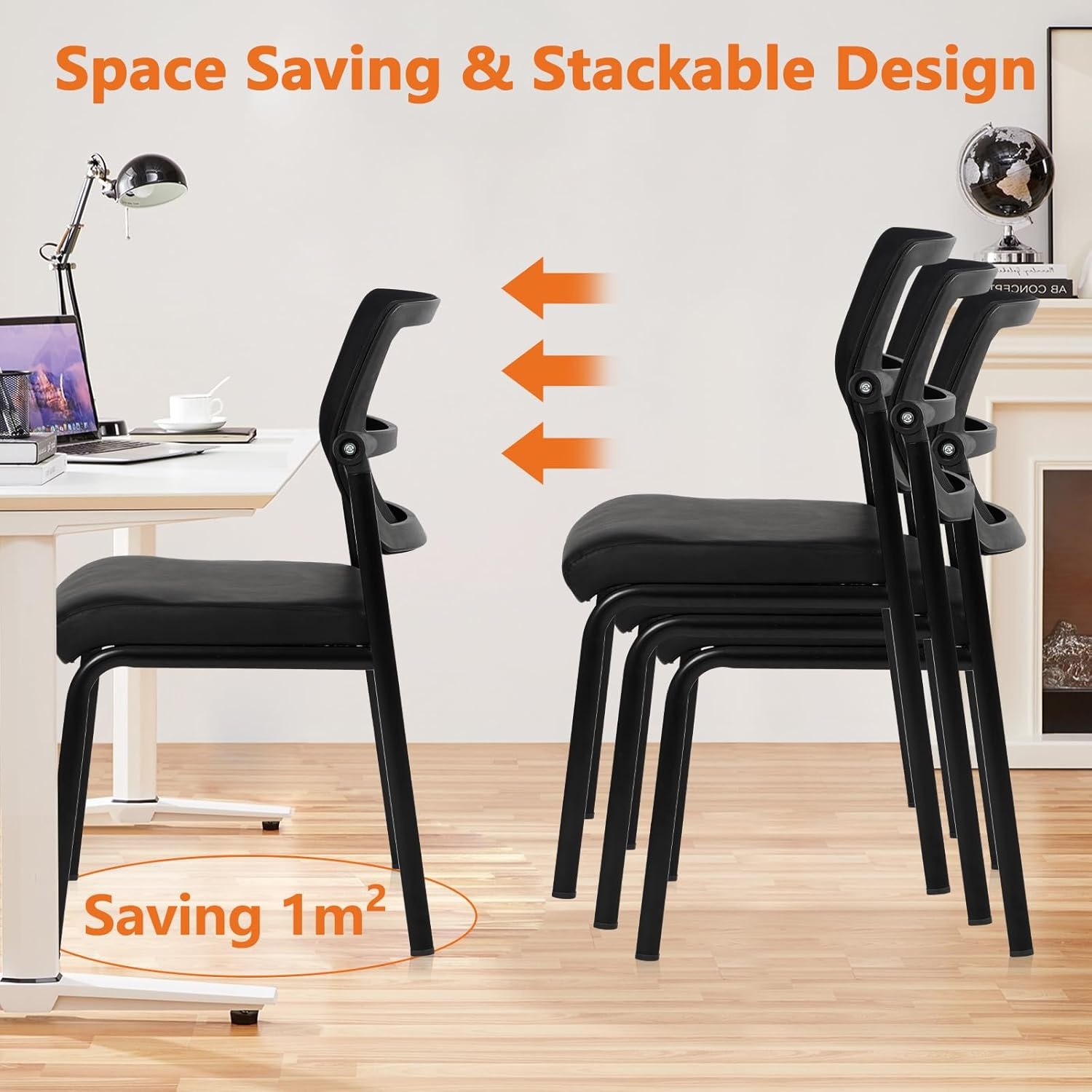 image:imageCLATINA Stackable Waiting Room Chair with Adjustable Mesh Backrest Armless Office Guest Reception Chairs with Leather Cushion and Ergonomic Lumbar Support for Conference Lobby Side School BlackMesh Leather