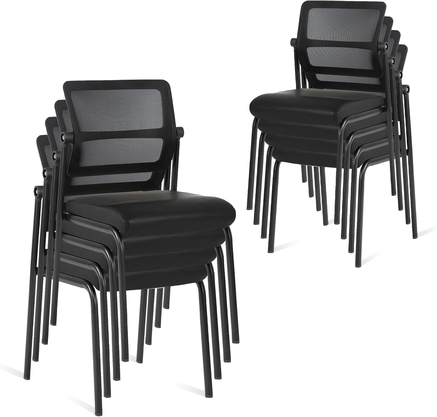 image:imageCLATINA Stackable Waiting Room Chair with Adjustable Mesh Backrest Armless Office Guest Reception Chairs with Leather Cushion and Ergonomic Lumbar Support for Conference Lobby Side School BlackMesh Leather