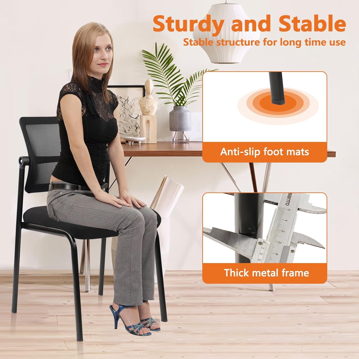 image:imageCLATINA Stackable Waiting Room Chair with Adjustable Mesh Backrest Armless Office Guest Reception Chairs with Leather Cushion and Ergonomic Lumbar Support for Conference Lobby Side School BlackMeshwheelless