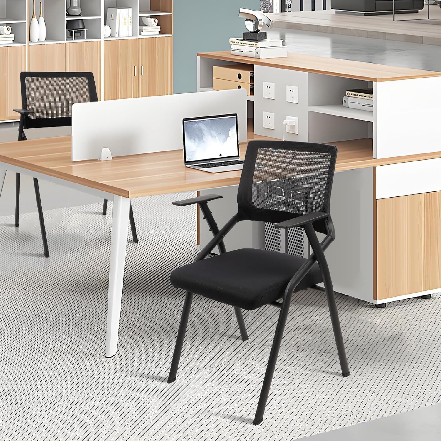 image:imageCLATINA Stackable amp Foldable Office Chairs with Ergonomic Lumbar Support and Thickened Seat Cushion Folding Mesh Fabric Reception Guest Chair for School Church Conference Waiting Room Black 2pkBlack No Wheels