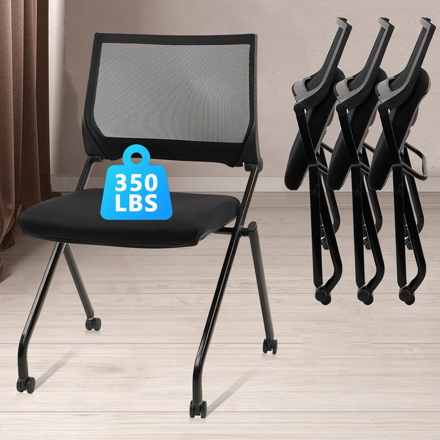 image:imageCLATINA Stackable amp Foldable Office Chairs with Ergonomic Lumbar Support and Thickened Seat Cushion Folding Mesh Fabric Reception Guest Chair for School Church Conference Waiting Room Black 2pkBlack