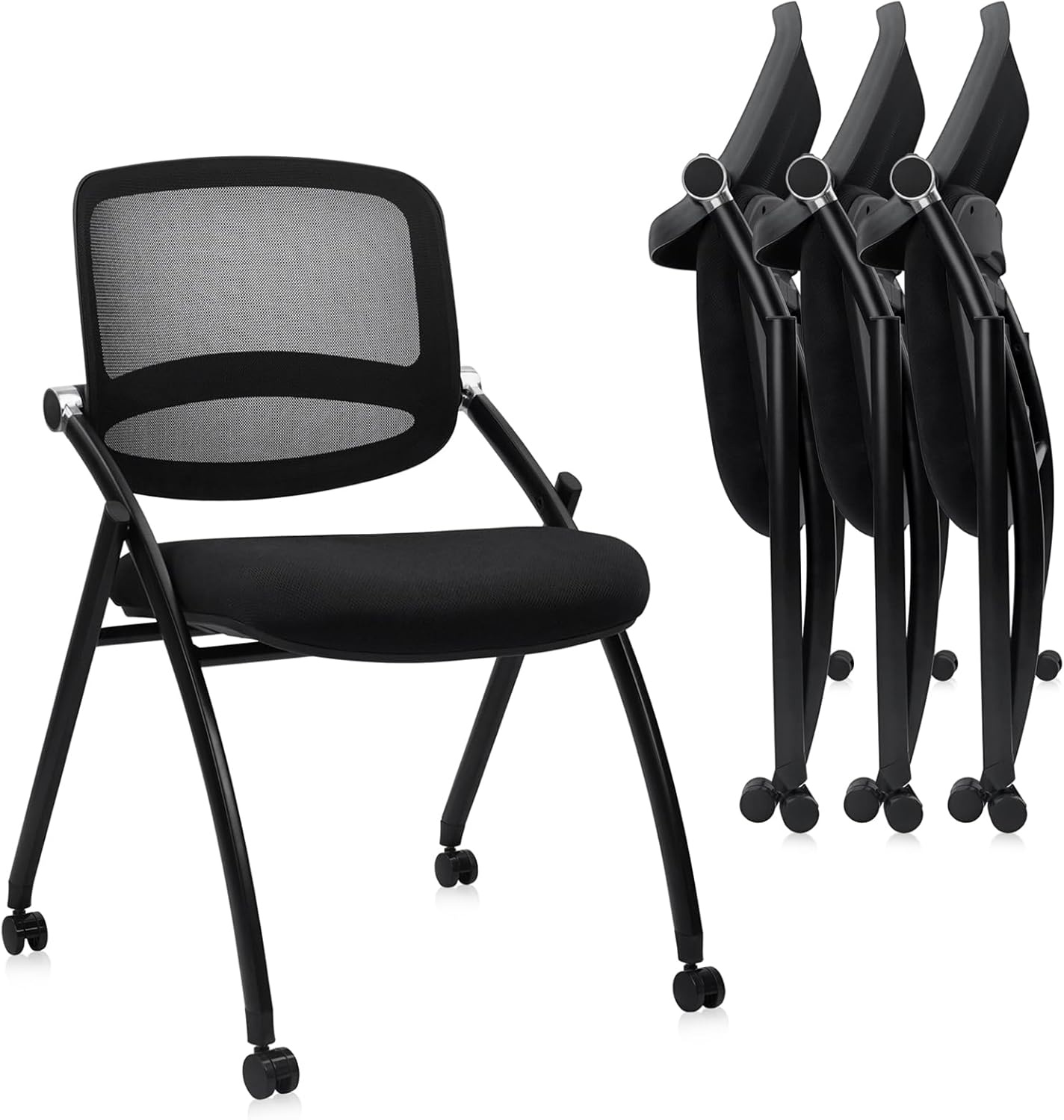image:imageCLATINA Stackable amp Foldable Office Chairs with Ergonomic Lumbar Support and Thickened Seat Cushion Folding Mesh Fabric Reception Guest Chair for School Church Conference Waiting Room Black 2pkBlack No Armrest