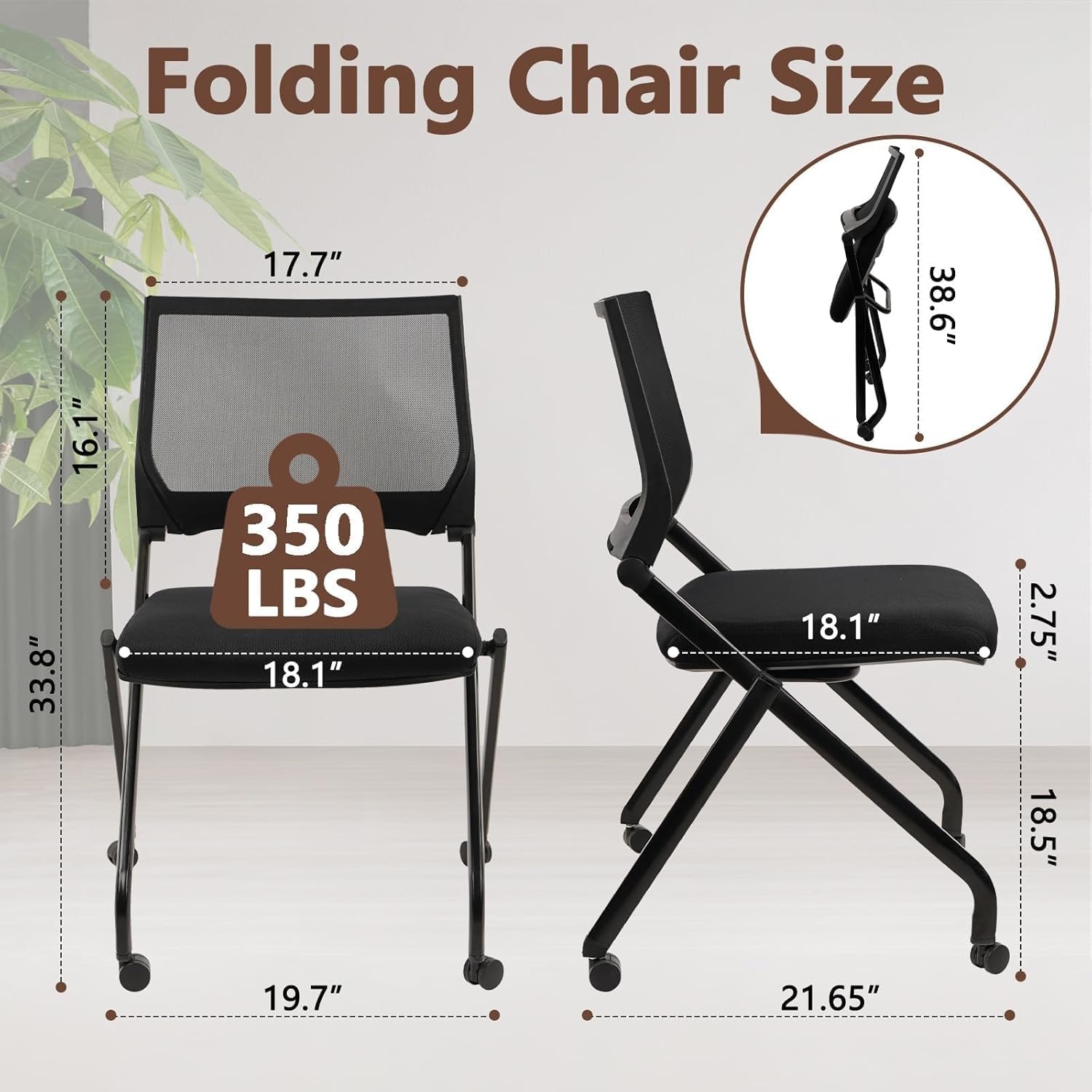 image:imageCLATINA Stackable amp Foldable Office Chairs with Ergonomic Lumbar Support and Thickened Seat Cushion Folding Mesh Fabric Reception Guest Chair for School Church Conference Waiting Room Black 2pkBlack With Wheels