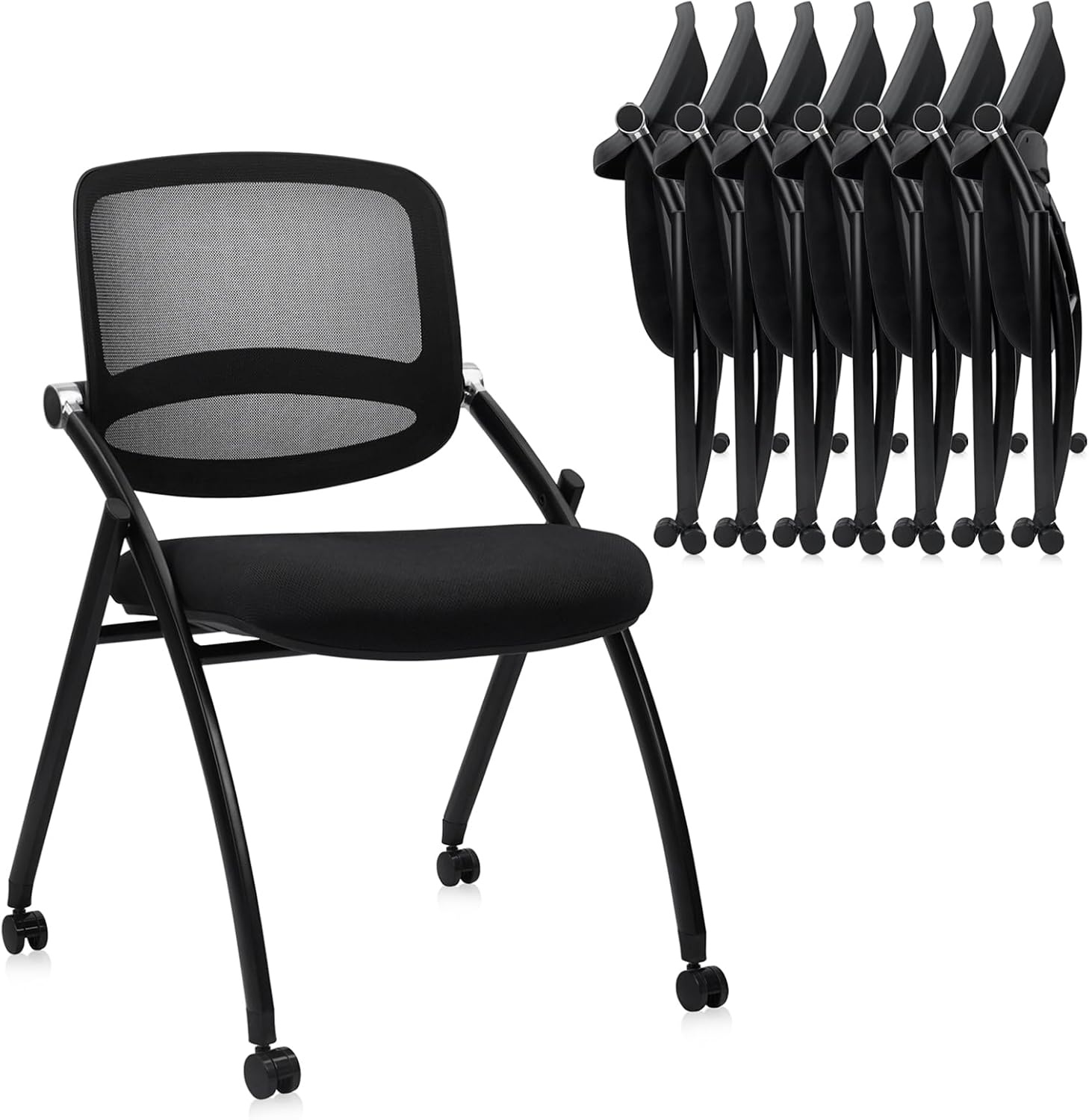 image:imageCLATINA Stackable amp Foldable Office Chairs with Ergonomic Lumbar Support and Thickened Seat Cushion Folding Mesh Fabric Reception Guest Chair for School Church Conference Waiting Room Black 2pkBlack No Armrest