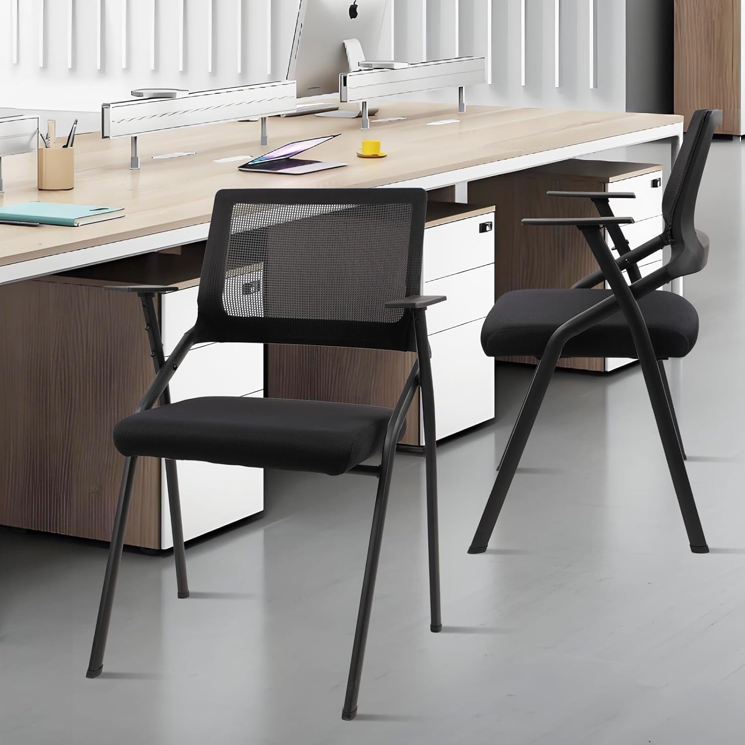 image:imageCLATINA Stackable amp Foldable Office Chairs with Ergonomic Lumbar Support and Thickened Seat Cushion Folding Mesh Fabric Reception Guest Chair for School Church Conference Waiting Room Black 2pkBlack No Wheels