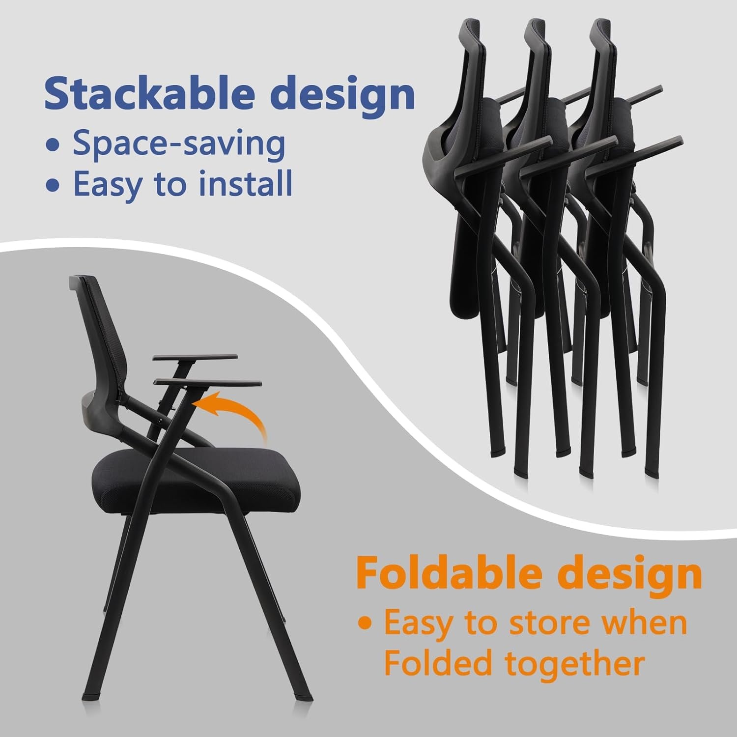 image:imageCLATINA Stackable amp Foldable Office Chairs with Ergonomic Lumbar Support and Thickened Seat Cushion Folding Mesh Fabric Reception Guest Chair for School Church Conference Waiting Room Black 2pkBlack No Wheels