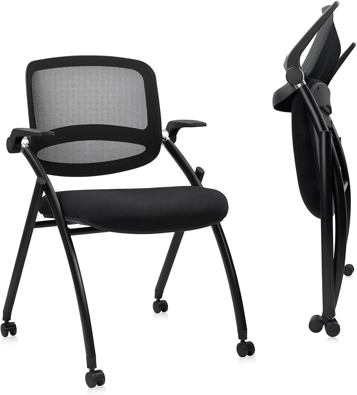 image:imageCLATINA Stackable amp Foldable Office Chairs with Ergonomic Lumbar Support and Thickened Seat Cushion Folding Mesh Fabric Reception Guest Chair for School Church Conference Waiting Room Black 2pkBlack With Armrest
