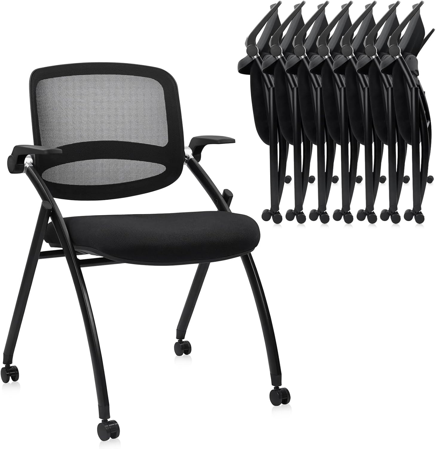 image:imageCLATINA Stackable amp Foldable Office Chairs with Ergonomic Lumbar Support and Thickened Seat Cushion Folding Mesh Fabric Reception Guest Chair for School Church Conference Waiting Room Black 2pkBlack With Armrest