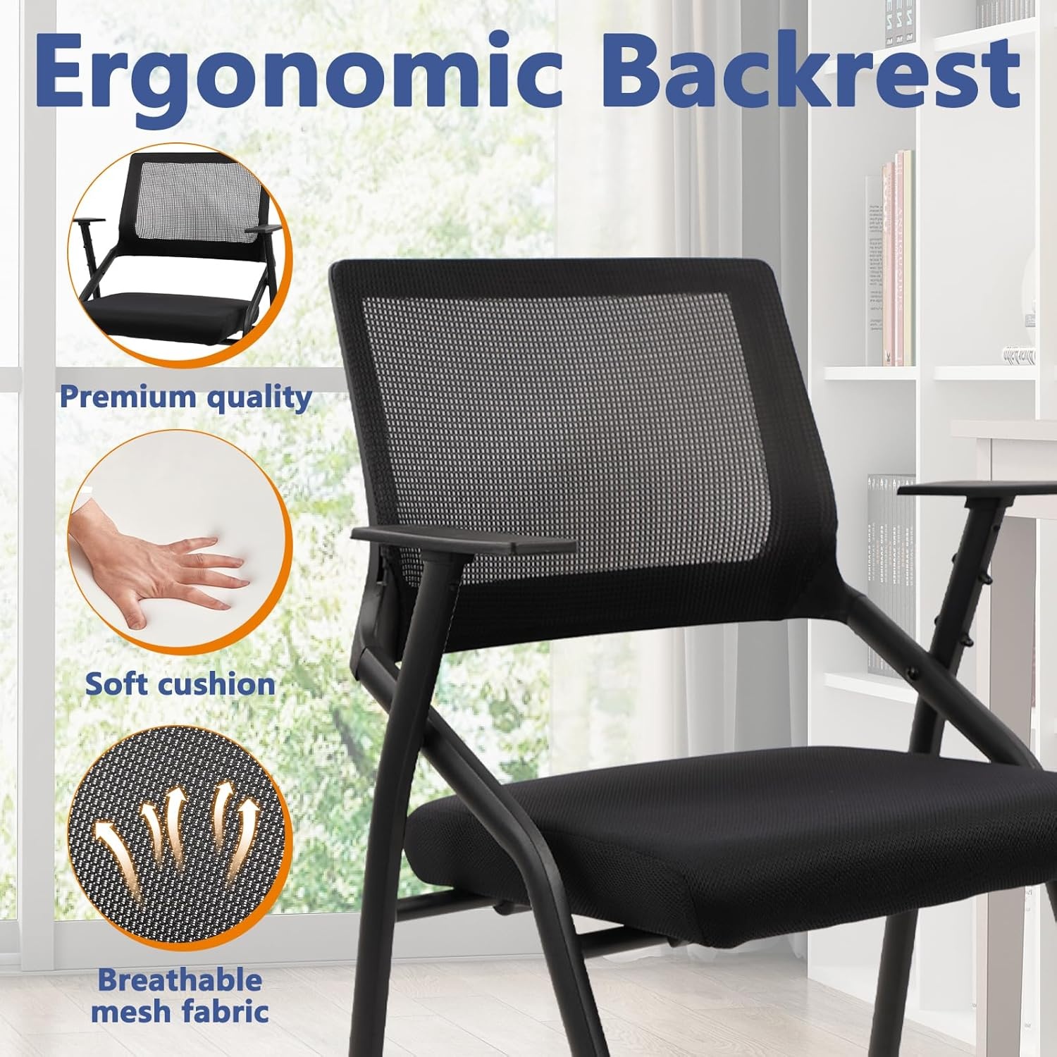 image:imageCLATINA Stackable amp Foldable Office Chairs with Ergonomic Lumbar Support and Thickened Seat Cushion Folding Mesh Fabric Reception Guest Chair for School Church Conference Waiting Room Black 2pkBlack No Wheels