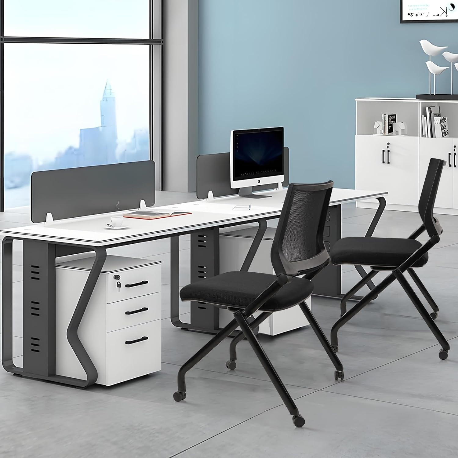 image:imageCLATINA Stackable amp Foldable Office Chairs with Ergonomic Lumbar Support and Thickened Seat Cushion Folding Mesh Fabric Reception Guest Chair for School Church Conference Waiting Room Black 2pkBlack