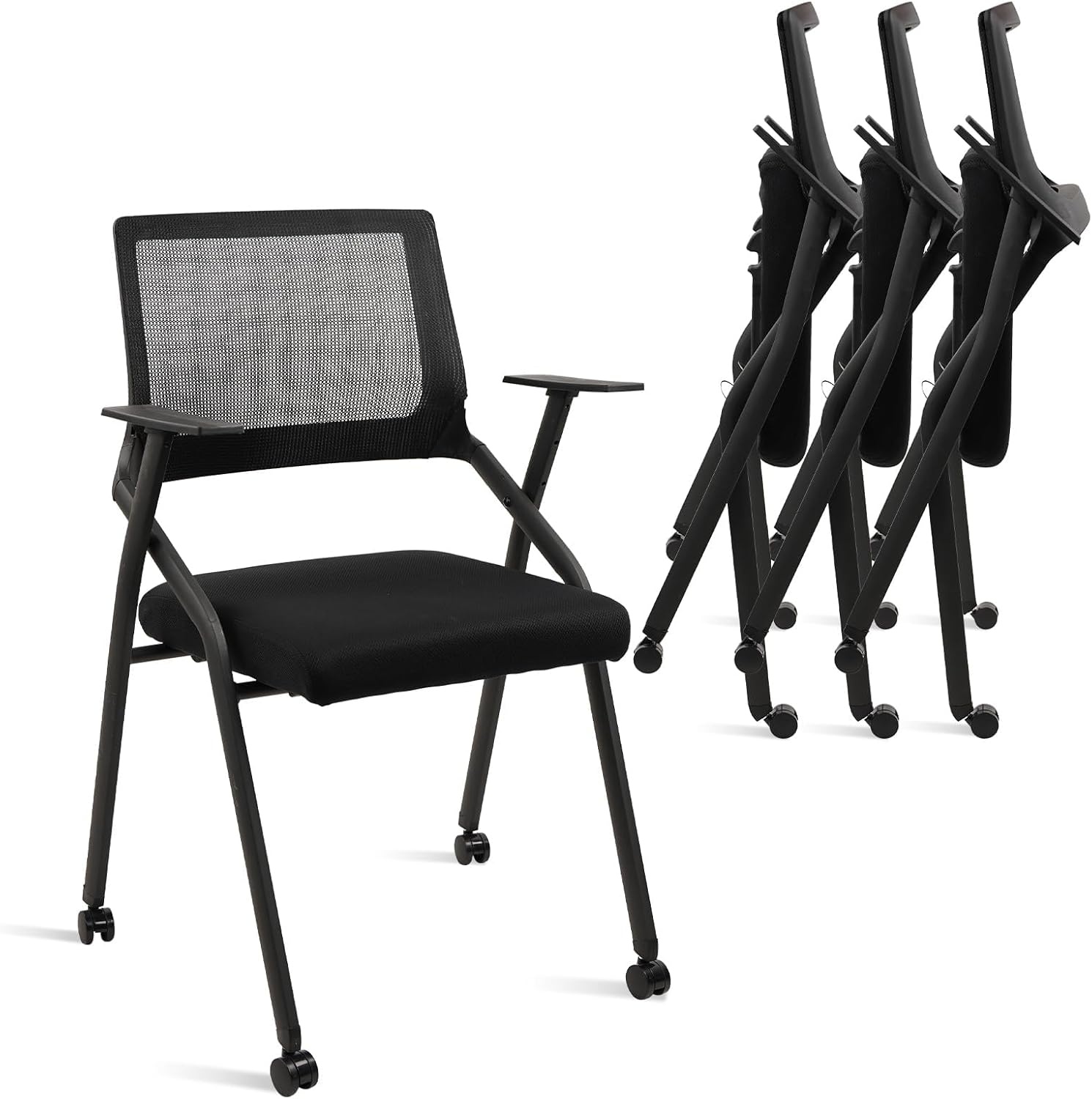 image:imageCLATINA Stackable amp Foldable Office Chairs with Ergonomic Lumbar Support and Thickened Seat Cushion Folding Mesh Fabric Reception Guest Chair for School Church Conference Waiting Room Black 2pkBlack With Wheels