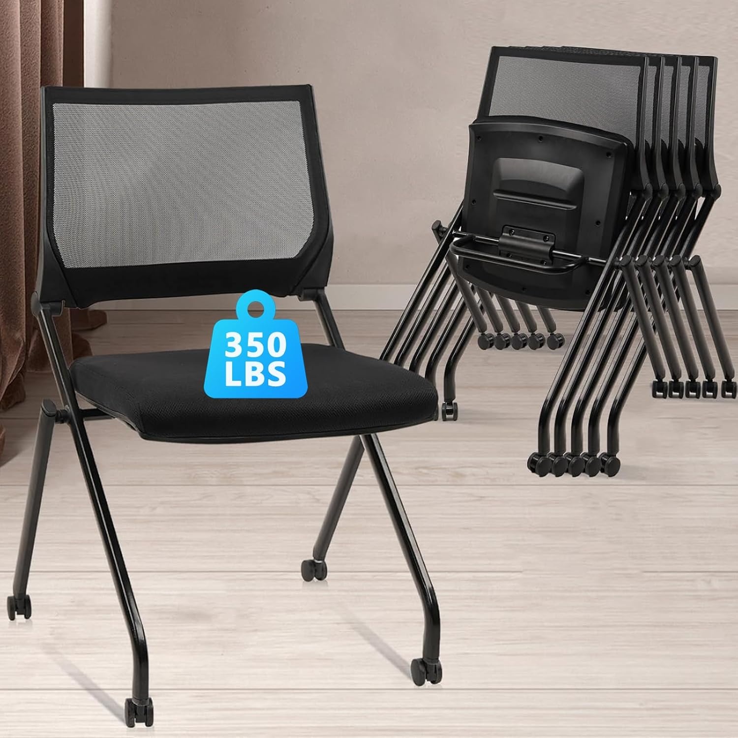 image:imageCLATINA Stackable amp Foldable Office Chairs with Ergonomic Lumbar Support and Thickened Seat Cushion Folding Mesh Fabric Reception Guest Chair for School Church Conference Waiting Room Black 2pkBlack