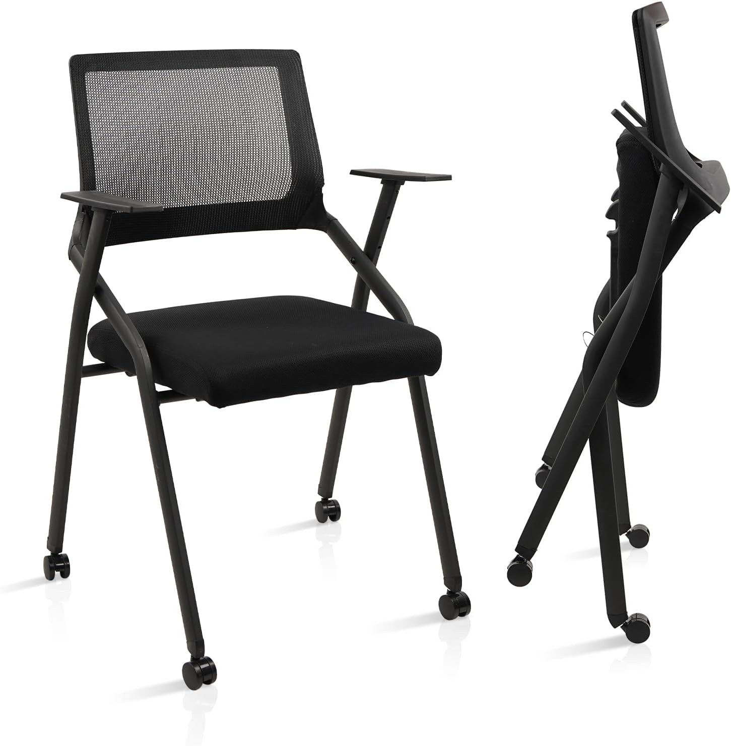 image:imageCLATINA Stackable amp Foldable Office Chairs with Ergonomic Lumbar Support and Thickened Seat Cushion Folding Mesh Fabric Reception Guest Chair for School Church Conference Waiting Room Black 2pkBlack With Wheels