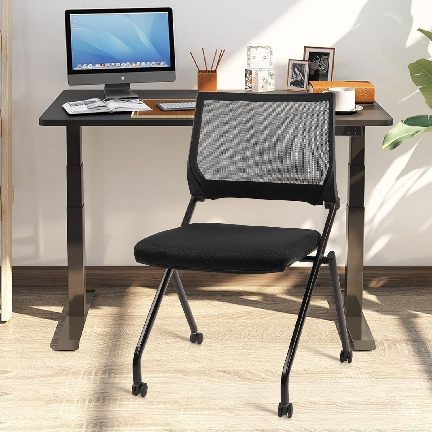 image:imageCLATINA Stackable amp Foldable Office Chairs with Ergonomic Lumbar Support and Thickened Seat Cushion Folding Mesh Fabric Reception Guest Chair for School Church Conference Waiting Room Black 2pkBlack