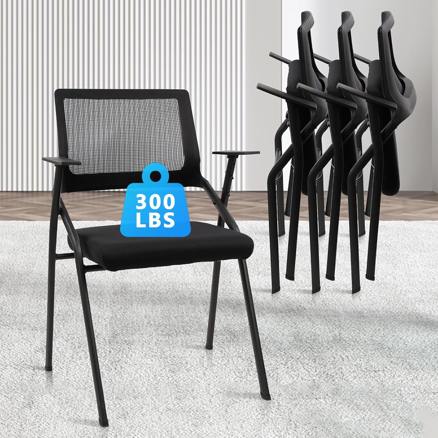 image:imageCLATINA Stackable amp Foldable Office Chairs with Ergonomic Lumbar Support and Thickened Seat Cushion Folding Mesh Fabric Reception Guest Chair for School Church Conference Waiting Room Black 2pkBlack No Wheels