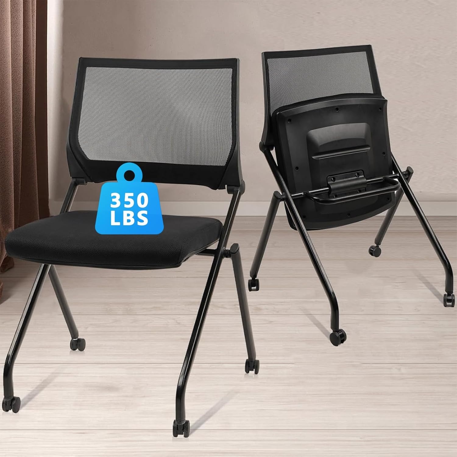image:imageCLATINA Stackable amp Foldable Office Chairs with Ergonomic Lumbar Support and Thickened Seat Cushion Folding Mesh Fabric Reception Guest Chair for School Church Conference Waiting Room Black 2pkBlack