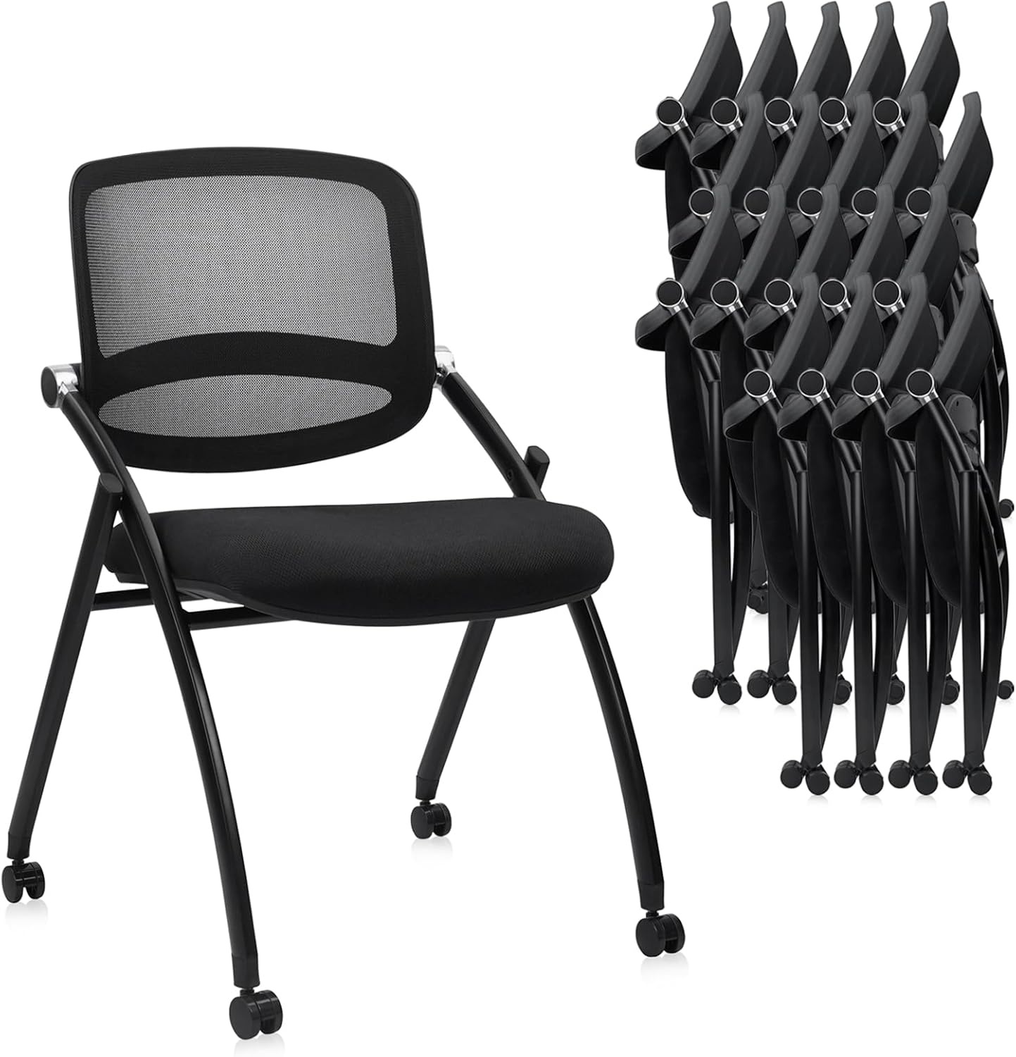 image:imageCLATINA Stackable amp Foldable Office Chairs with Ergonomic Lumbar Support and Thickened Seat Cushion Folding Mesh Fabric Reception Guest Chair for School Church Conference Waiting Room Black 2pkBlack No Armrest