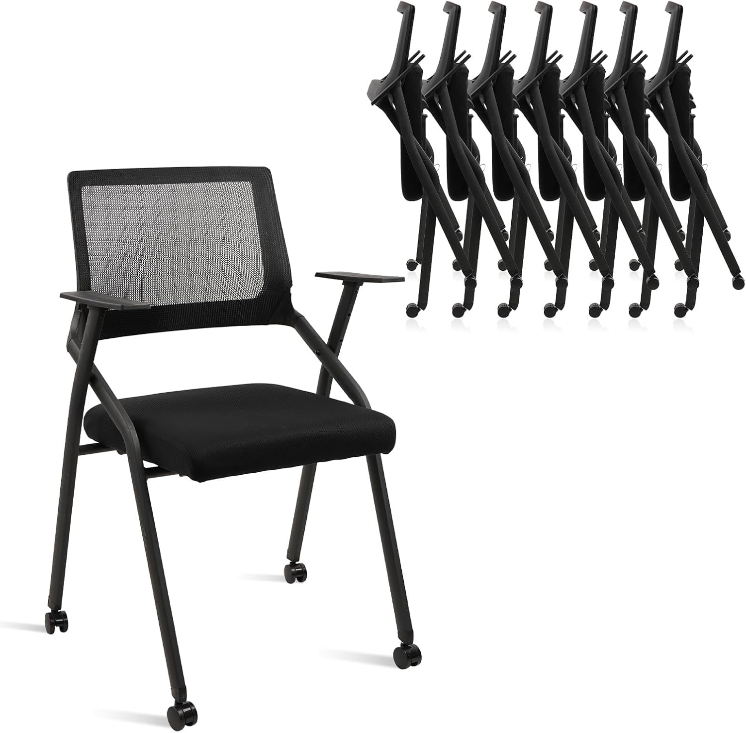 image:imageCLATINA Stackable amp Foldable Office Chairs with Ergonomic Lumbar Support and Thickened Seat Cushion Folding Mesh Fabric Reception Guest Chair for School Church Conference Waiting Room Black 2pkBlack With Wheels