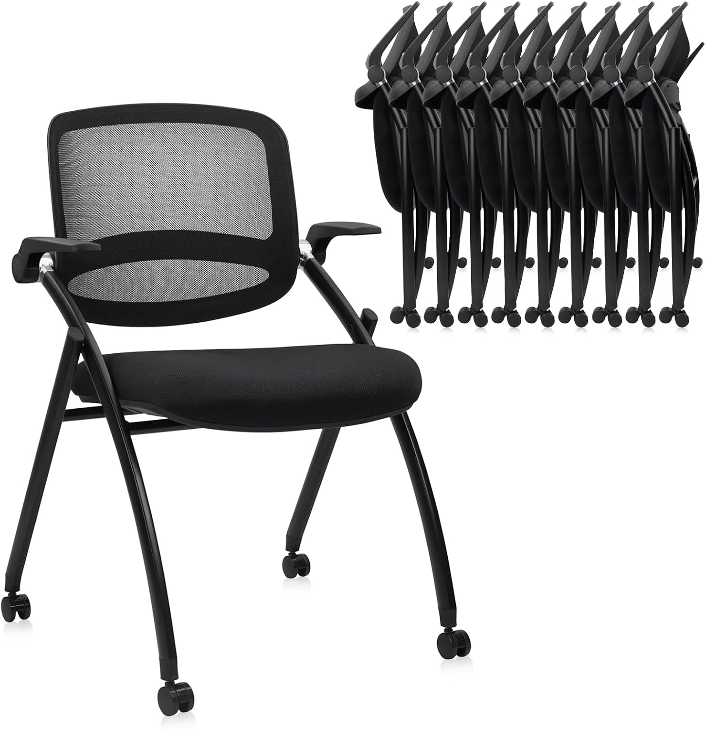image:imageCLATINA Stackable amp Foldable Office Chairs with Ergonomic Lumbar Support and Thickened Seat Cushion Folding Mesh Fabric Reception Guest Chair for School Church Conference Waiting Room Black 2pkBlack With Armrest