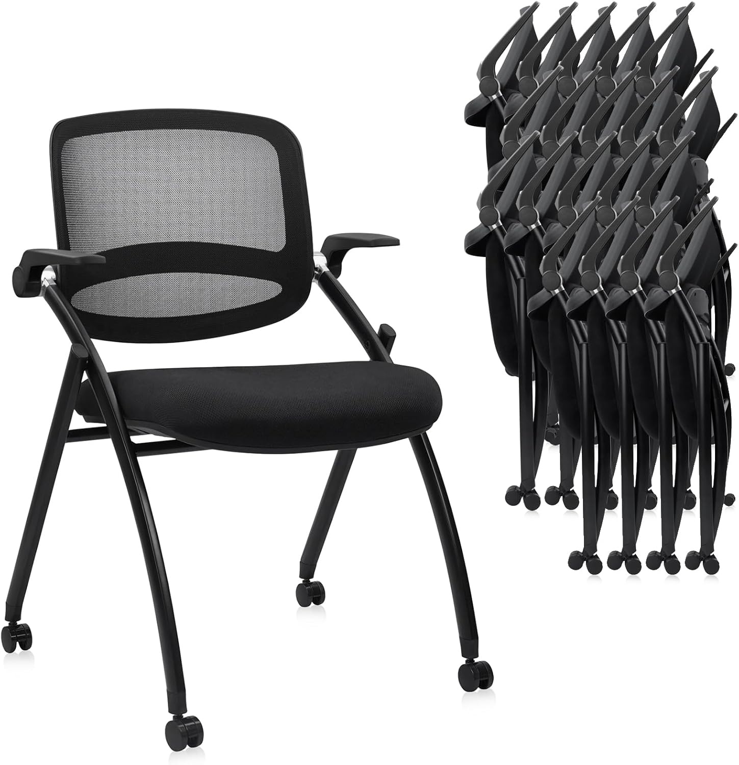 image:imageCLATINA Stackable amp Foldable Office Chairs with Ergonomic Lumbar Support and Thickened Seat Cushion Folding Mesh Fabric Reception Guest Chair for School Church Conference Waiting Room Black 2pkBlack With Armrest