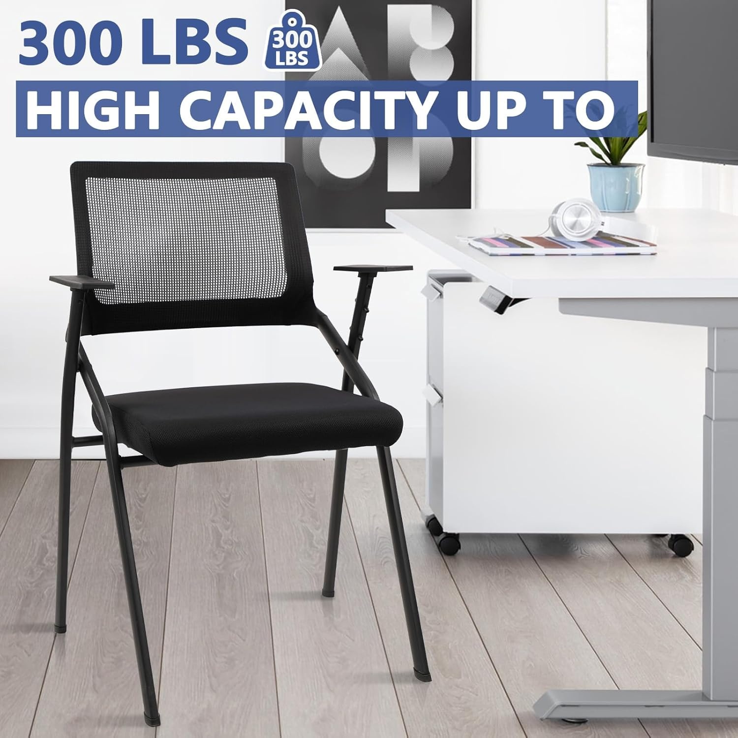 image:imageCLATINA Stackable amp Foldable Office Chairs with Ergonomic Lumbar Support and Thickened Seat Cushion Folding Mesh Fabric Reception Guest Chair for School Church Conference Waiting Room Black 2pkBlack No Wheels