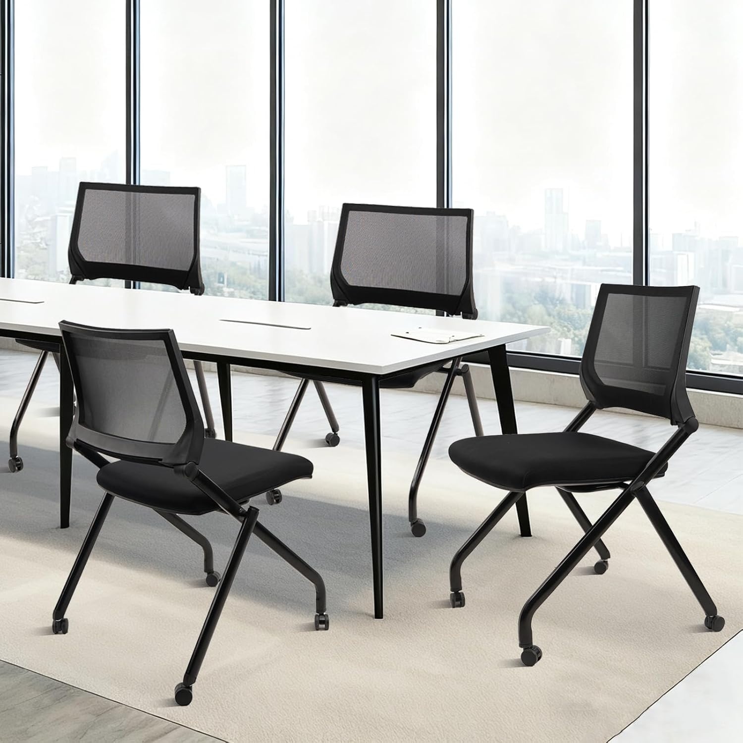 image:imageCLATINA Stackable amp Foldable Office Chairs with Ergonomic Lumbar Support and Thickened Seat Cushion Folding Mesh Fabric Reception Guest Chair for School Church Conference Waiting Room Black 2pkBlack