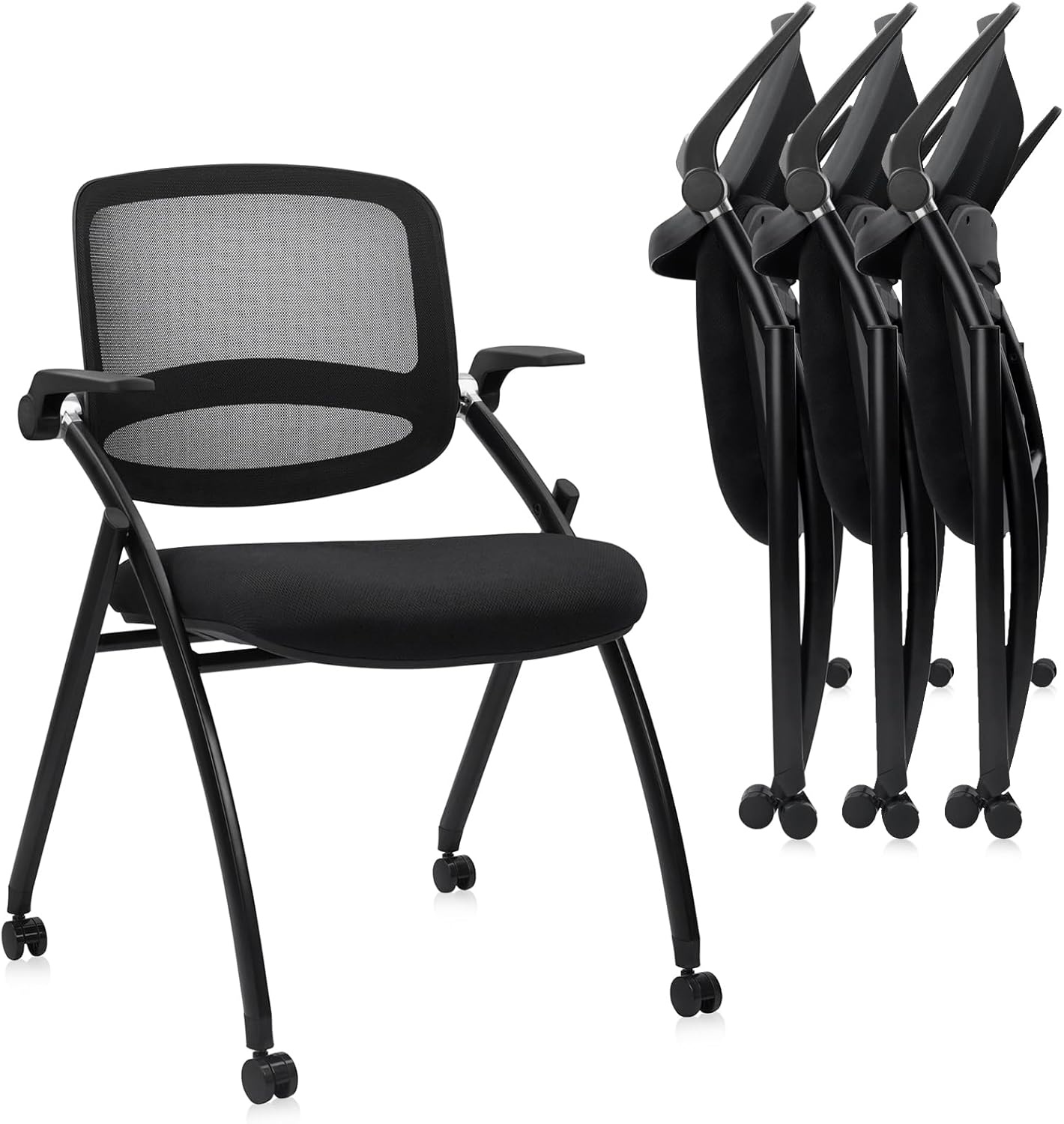 image:imageCLATINA Stackable amp Foldable Office Chairs with Ergonomic Lumbar Support and Thickened Seat Cushion Folding Mesh Fabric Reception Guest Chair for School Church Conference Waiting Room Black 2pkBlack With Armrest