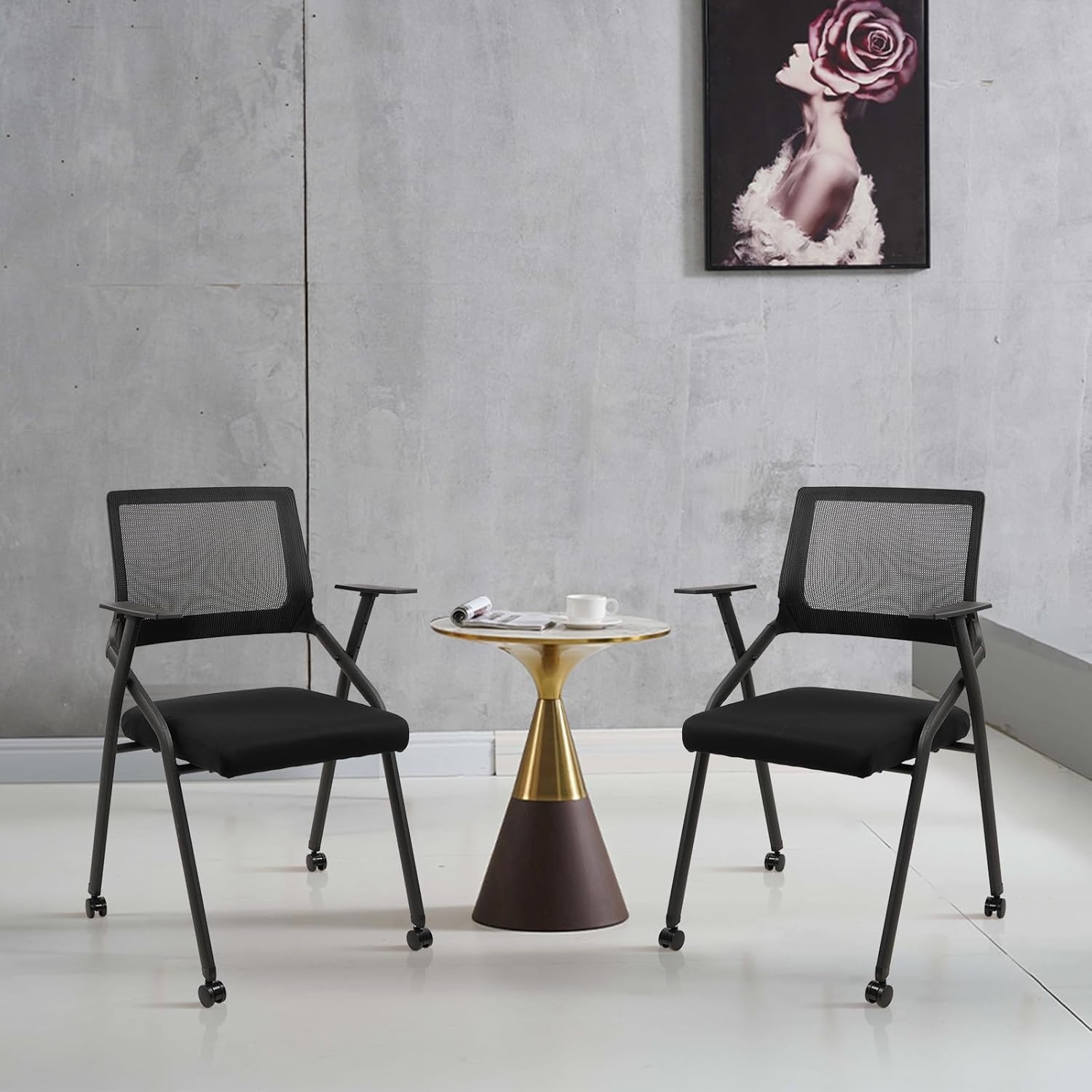 image:imageCLATINA Stackable amp Foldable Office Chairs with Ergonomic Lumbar Support and Thickened Seat Cushion Folding Mesh Fabric Reception Guest Chair for School Church Conference Waiting Room Black 2pkBlack With Wheels