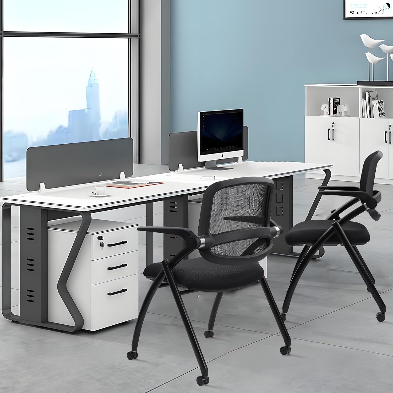 image:imageCLATINA Stackable amp Foldable Office Chairs with Ergonomic Lumbar Support and Thickened Seat Cushion Folding Mesh Fabric Reception Guest Chair for School Church Conference Waiting Room Black 2pkBlack With Armrest