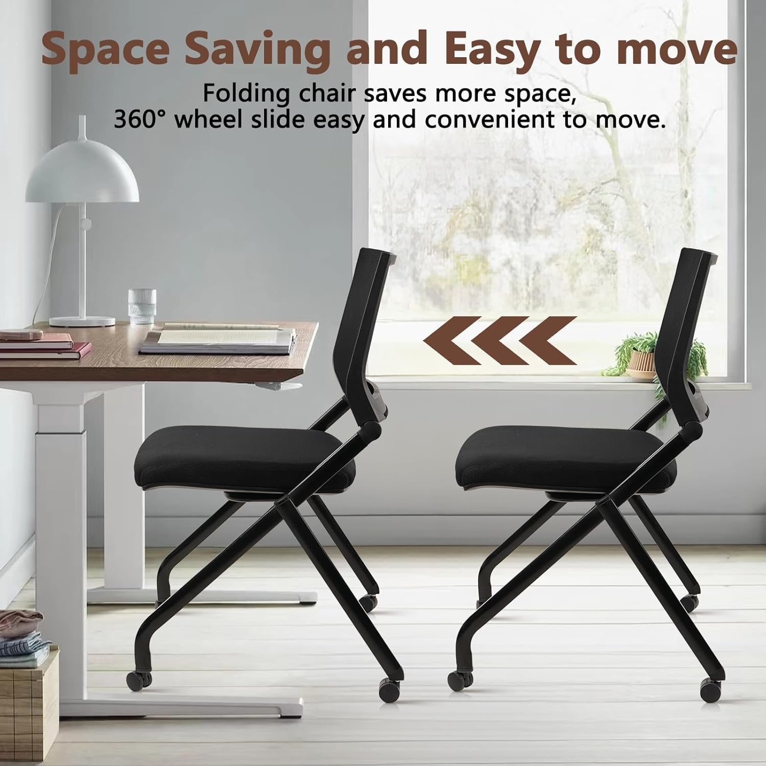 image:imageCLATINA Stackable amp Foldable Office Chairs with Ergonomic Lumbar Support and Thickened Seat Cushion Folding Mesh Fabric Reception Guest Chair for School Church Conference Waiting Room Black 2pkBlack With Wheels