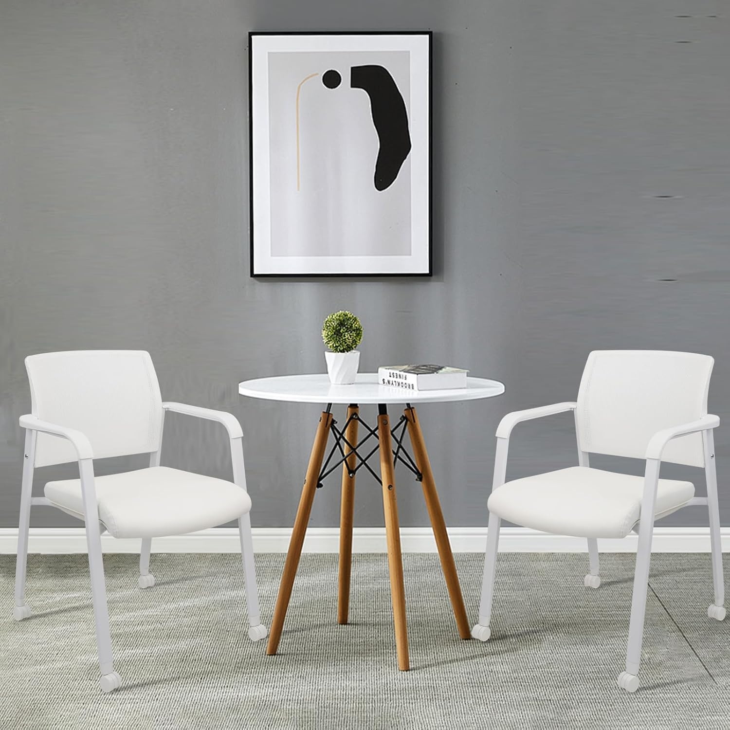 image:imageCLATINA Stacking Office Chairs with Wheels Mesh Back Thicken Leather Seat and Streamline Armrests Ergonomic Lumber Support Desk Guest Reception Waiting Conference White