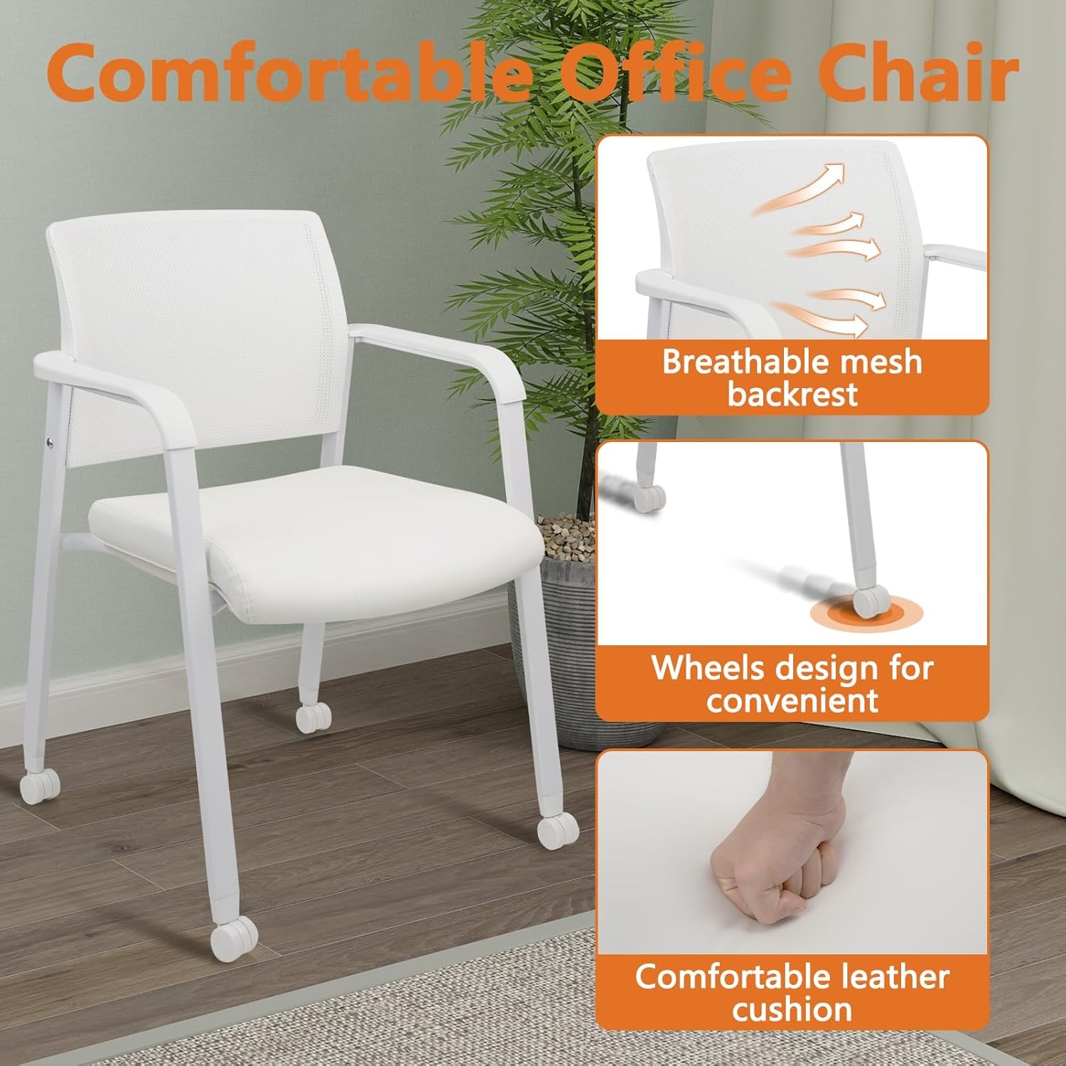 image:imageCLATINA Stacking Office Chairs with Wheels Mesh Back Thicken Leather Seat and Streamline Armrests Ergonomic Lumber Support Desk Guest Reception Waiting Conference White