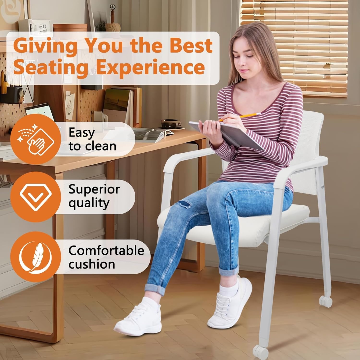 image:imageCLATINA Stacking Office Chairs with Wheels Mesh Back Thicken Leather Seat and Streamline Armrests Ergonomic Lumber Support Desk Guest Reception Waiting Conference White