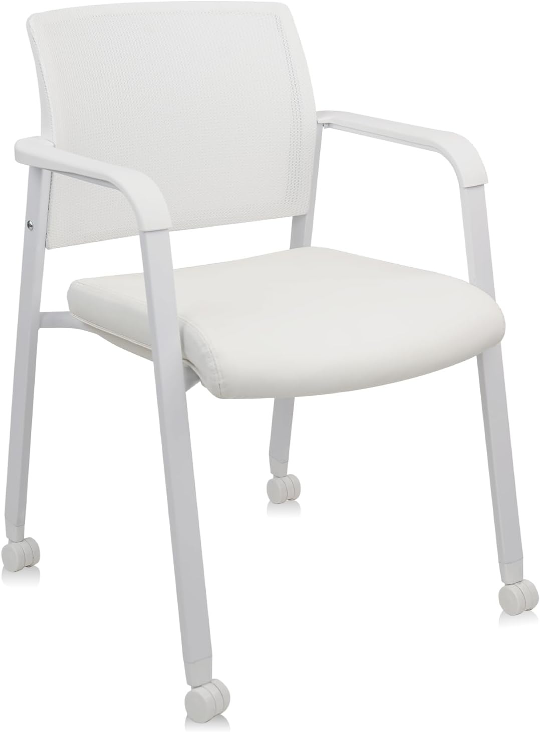 image:imageCLATINA Stacking Office Chairs with Wheels Mesh Back Thicken Leather Seat and Streamline Armrests Ergonomic Lumber Support Desk Guest Reception Waiting Conference White