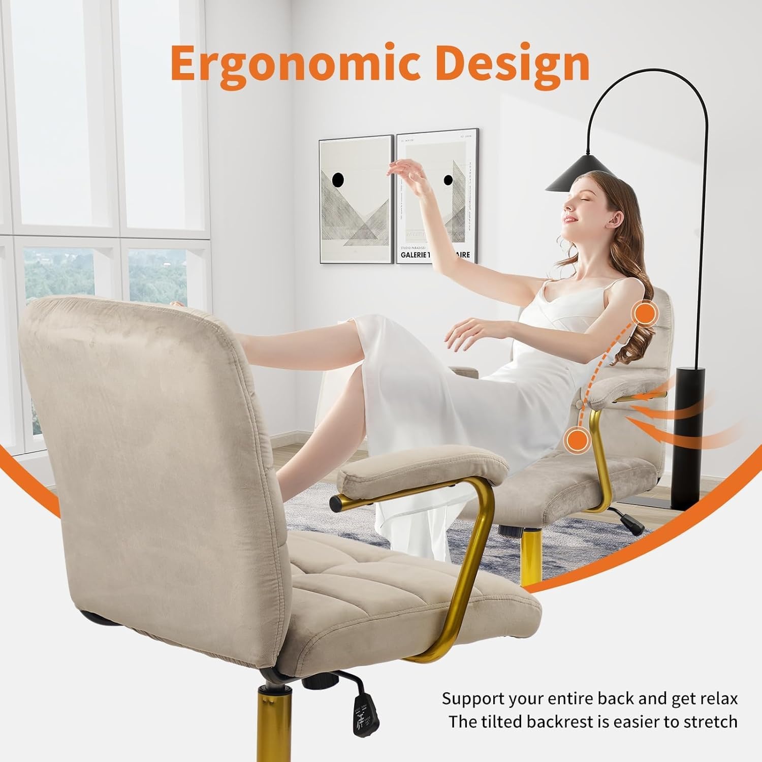 image:imageCLATINA Velvet Home Office Desk Chair Fabric Ergonomic Executive Computer Chairs with Golden Base and Arms Swivel Rolling Vanity Makeup Chair on Wheels for Bedroom Vanity Livingroom Gray