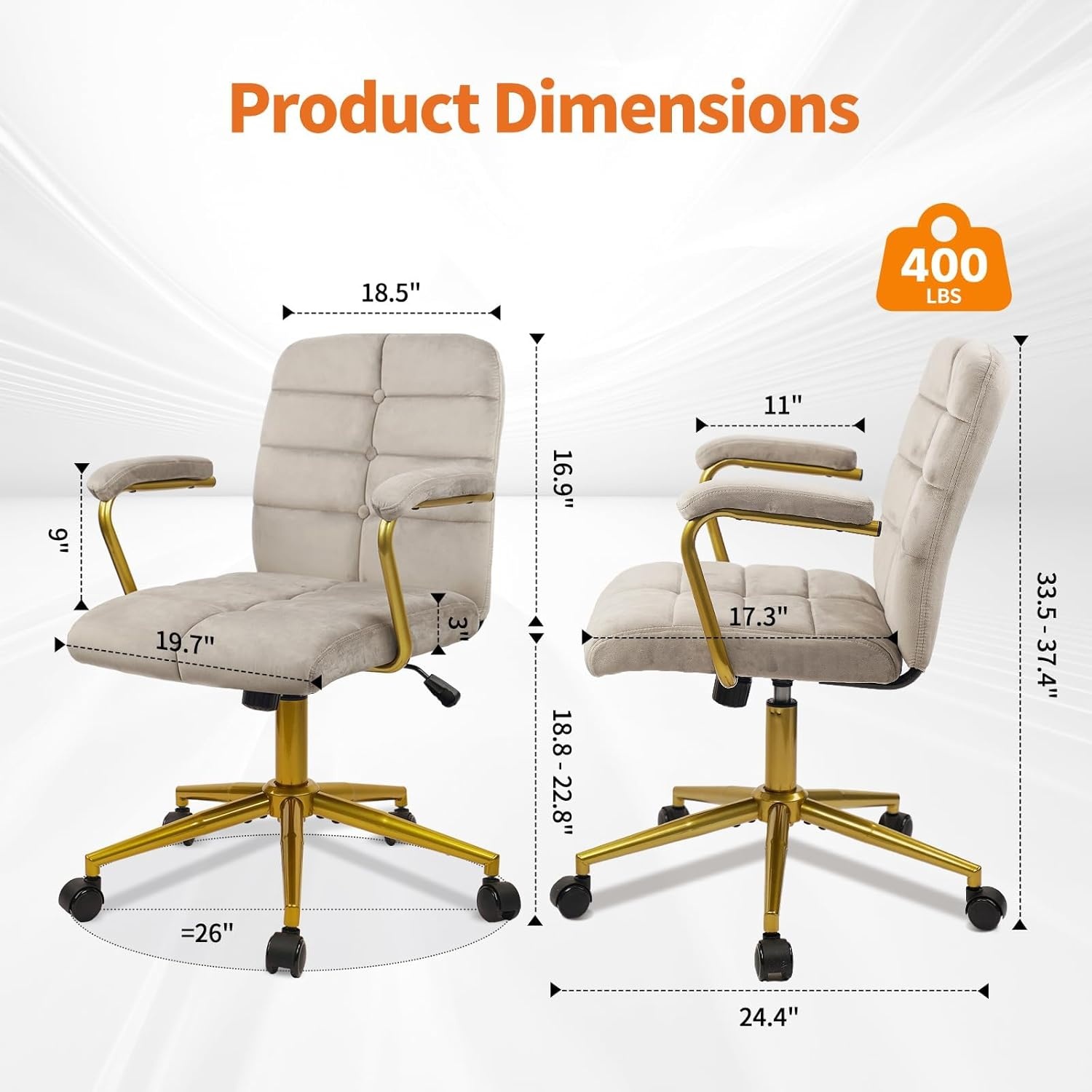 image:imageCLATINA Velvet Home Office Desk Chair Fabric Ergonomic Executive Computer Chairs with Golden Base and Arms Swivel Rolling Vanity Makeup Chair on Wheels for Bedroom Vanity Livingroom Gray