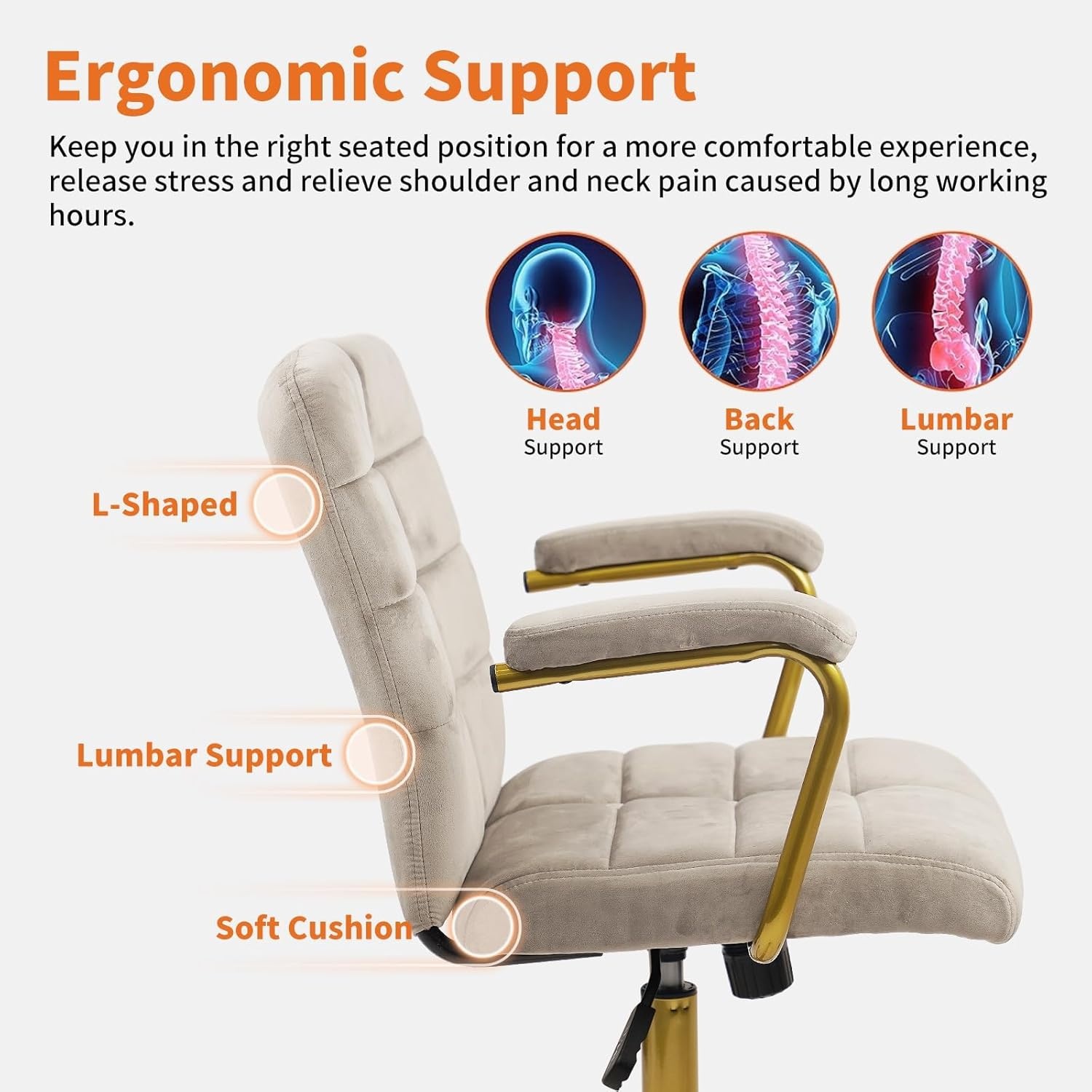 image:imageCLATINA Velvet Home Office Desk Chair Fabric Ergonomic Executive Computer Chairs with Golden Base and Arms Swivel Rolling Vanity Makeup Chair on Wheels for Bedroom Vanity Livingroom Gray