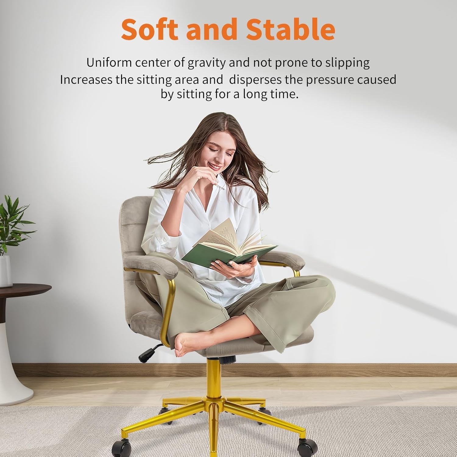 image:imageCLATINA Velvet Home Office Desk Chair Fabric Ergonomic Executive Computer Chairs with Golden Base and Arms Swivel Rolling Vanity Makeup Chair on Wheels for Bedroom Vanity Livingroom Gray