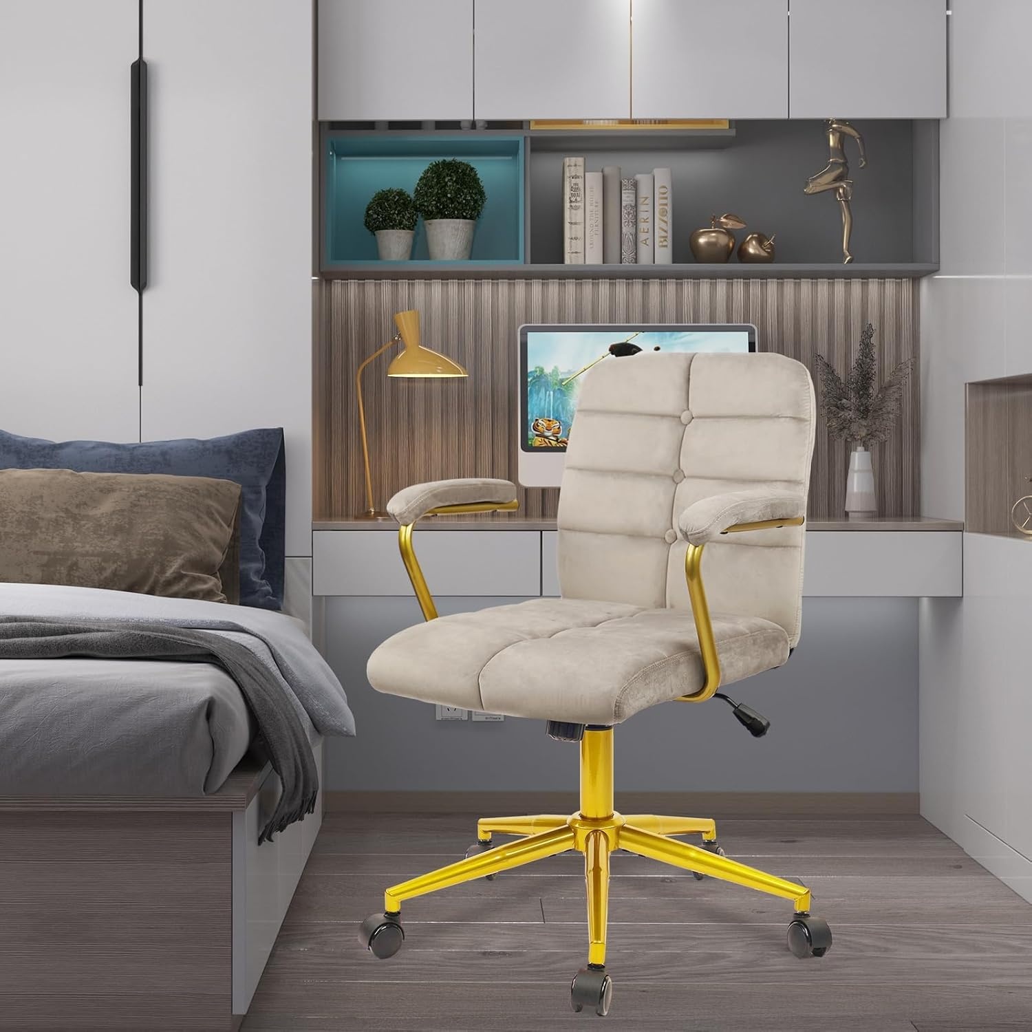 image:imageCLATINA Velvet Home Office Desk Chair Fabric Ergonomic Executive Computer Chairs with Golden Base and Arms Swivel Rolling Vanity Makeup Chair on Wheels for Bedroom Vanity Livingroom Gray
