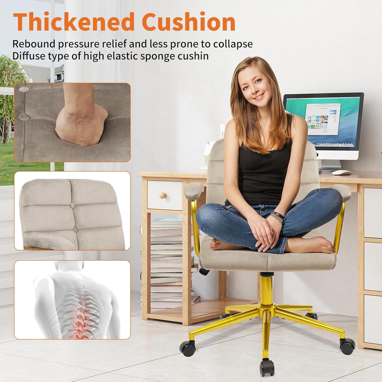 image:imageCLATINA Velvet Home Office Desk Chair Fabric Ergonomic Executive Computer Chairs with Golden Base and Arms Swivel Rolling Vanity Makeup Chair on Wheels for Bedroom Vanity Livingroom Gray