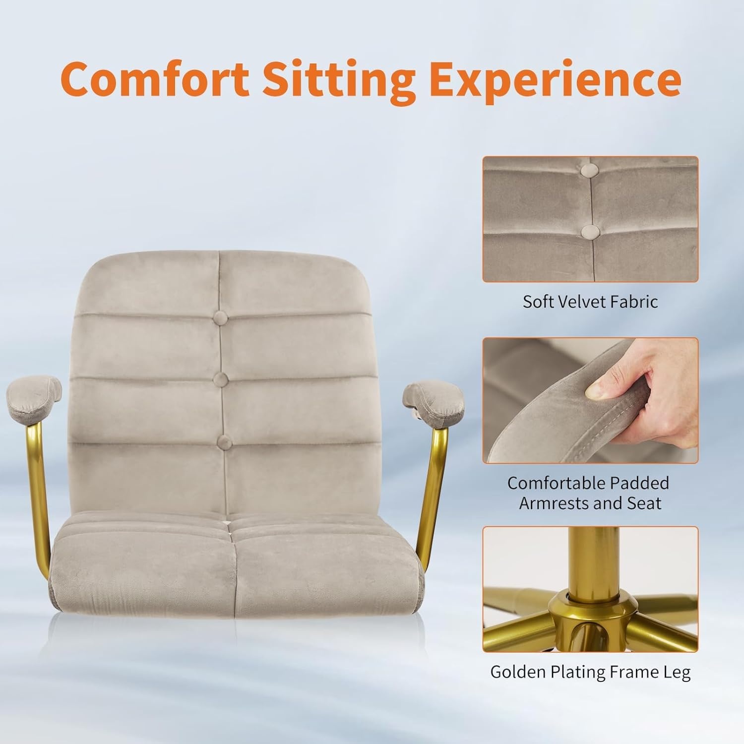image:imageCLATINA Velvet Home Office Desk Chair Fabric Ergonomic Executive Computer Chairs with Golden Base and Arms Swivel Rolling Vanity Makeup Chair on Wheels for Bedroom Vanity Livingroom Gray