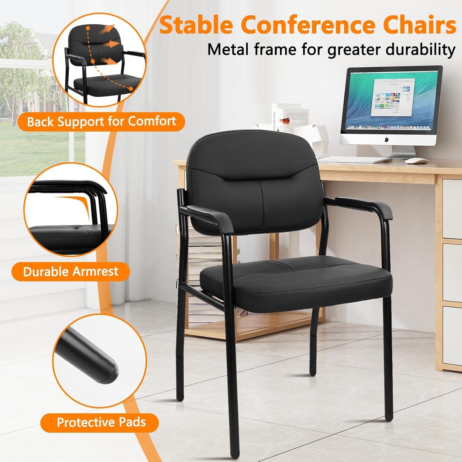 image:imageCLATINA Waiting Reception Chairs No Wheel Leather Guest Chair with Padded Arms Modern Brown Office Desk Chairs with Sled Base for Office Meeting Conference Room Lobby Home Living Room 4 PackBlacklaurel